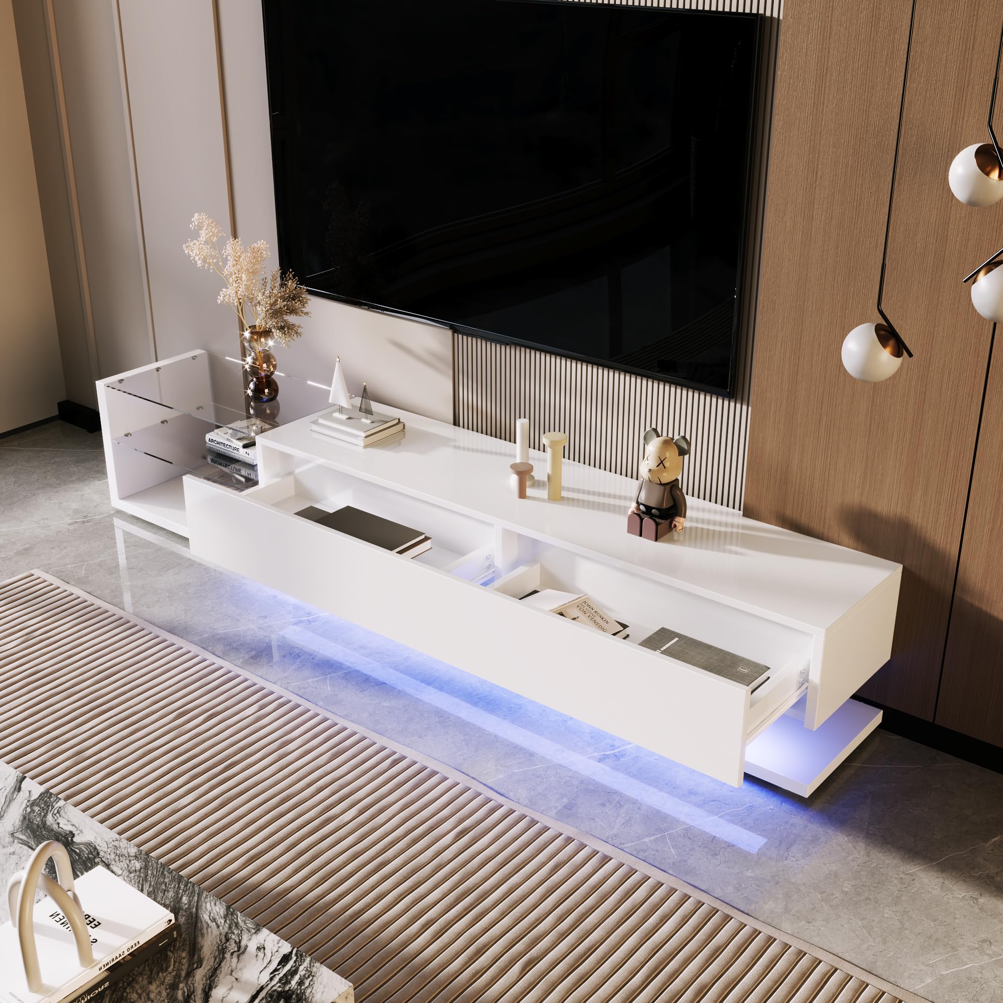 Modulo TV, Mueble de Salon TV con Luces LED, Armario Bajo con Tabique de Cristal, Moderno Destacando Mueble para Salon con Dos Amplios Cajones para Salón Dormitorio, 170x36x38 cm (Blanco)