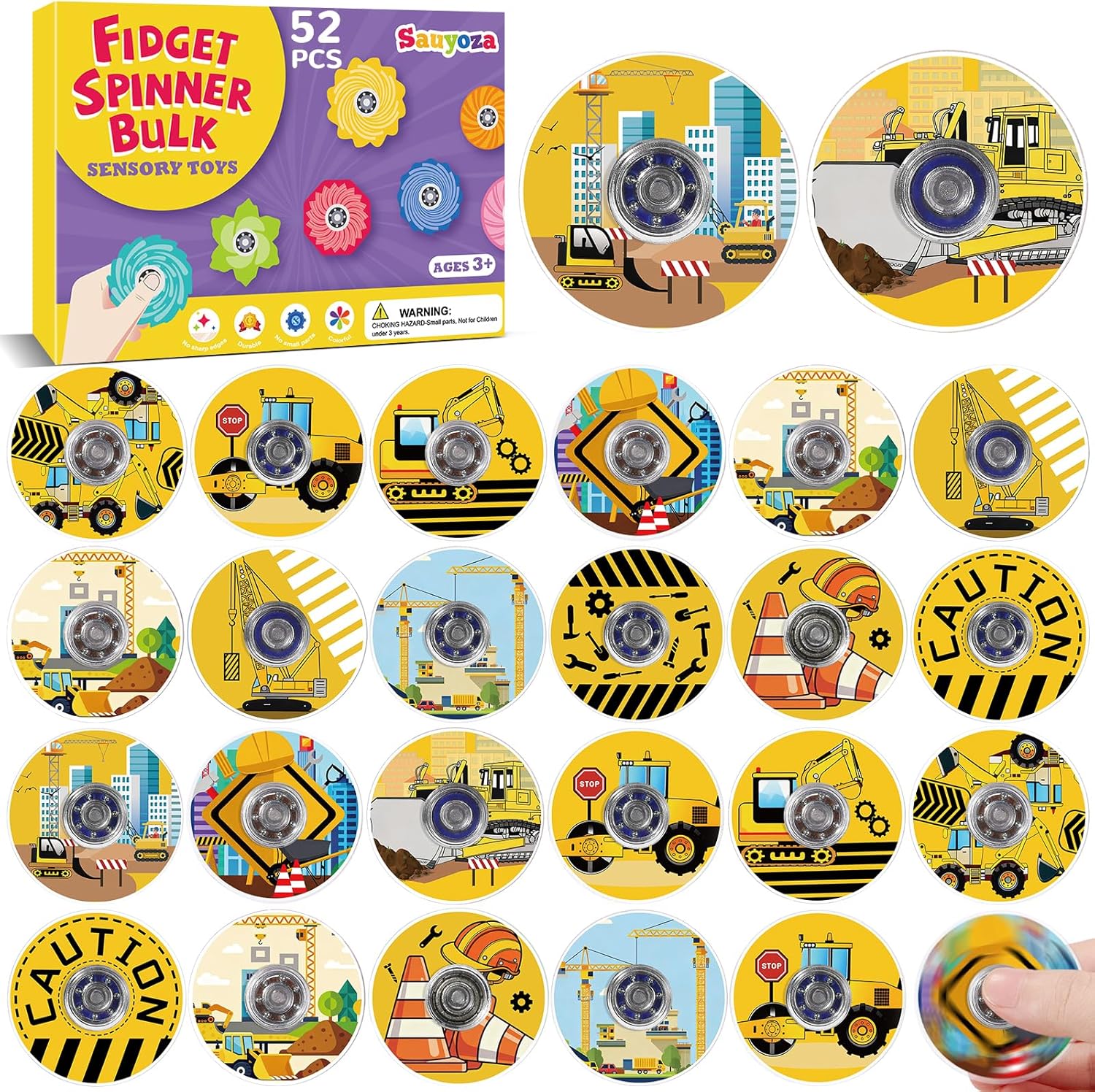 52Pcs Construction Party Favors, Engineering Fidget Spinners, Excavator Birthday Party Supplies, Dump Truck Goodie Bag Stuffers, Sensory Classroom Rewards Treasure Box Prizes