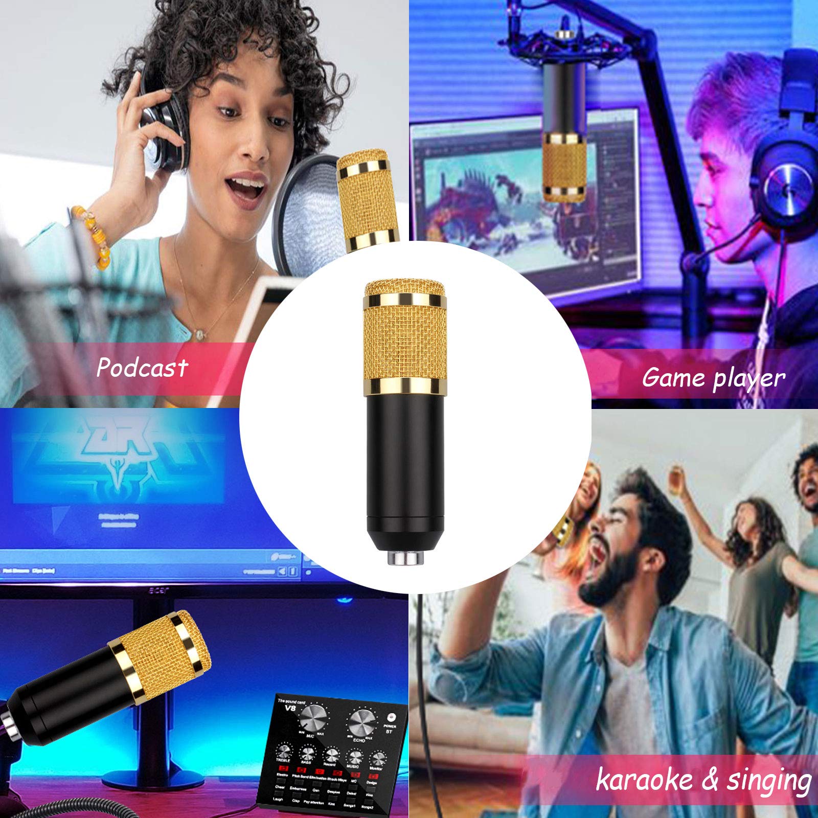Kit Microfono BM800 con Scheda Audio Live, Kit Microfono Podcast, Set Microfono per Registrazione in Studio, Supporto Microfono Regolabile, Adatto per Computer e telefoni, Giochi, Registrazione