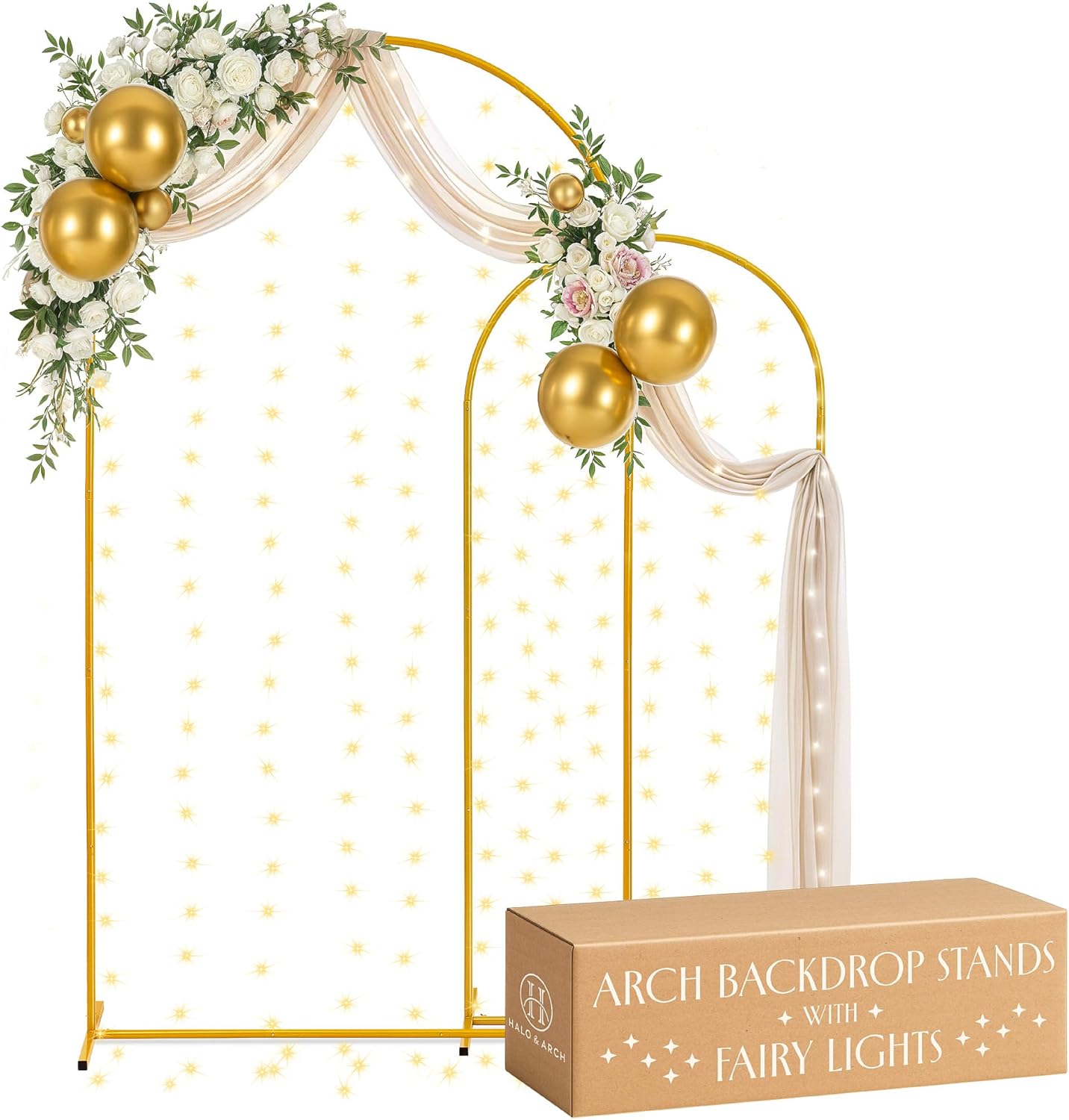 Gold Metal Arch Backdrop Stand for Wedding, Party Decorations, Set of 2 (7.2ft & 6ft) - Foldable Balloon Arch Frame Stand with Fairy Lights - Photo Backdrop for Baby Shower, Birthday Party Décor