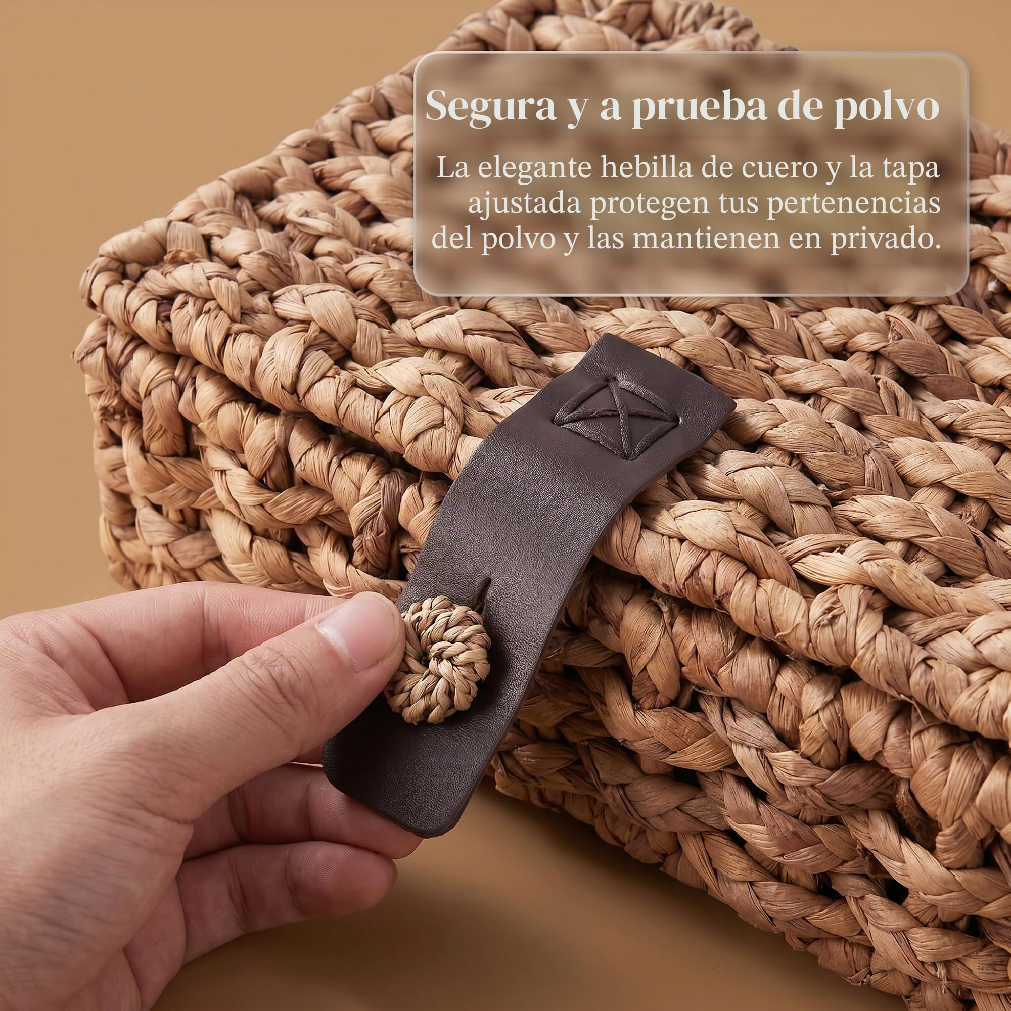 Cesta de Mimbre con Tapa, Cesta Almacenaje Tejida en Jacinto de Agua para Estante, Mesa de Centro, Mesa Consola, Decoración del Hogar (Grande)