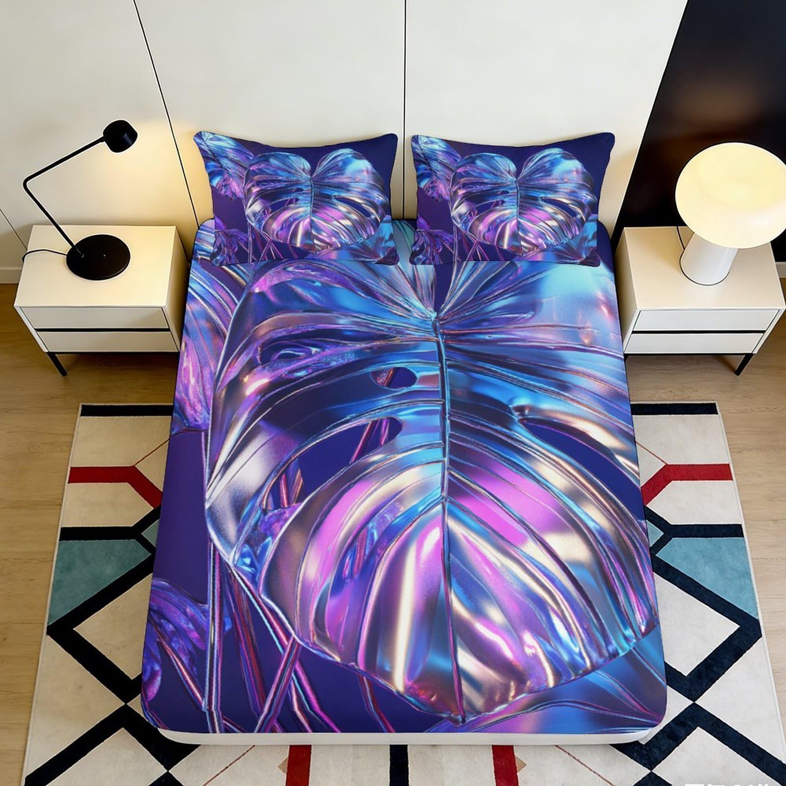 Jqzkxnhpbr Style-10 3D Printed Holographic Leaf Fitted Sheet Microfiber Purple Blue Abstract Bed Cover Bedroom Decor Mattress Protection 90X200x25cm