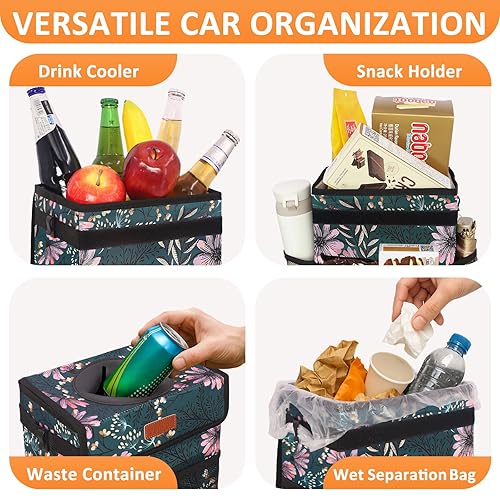 Vista 121 de Bote de basura para automóvil de 3 galones con tapa, bolsa de basura para automóvil, impermeable, a prueba de fugas, color negro floral