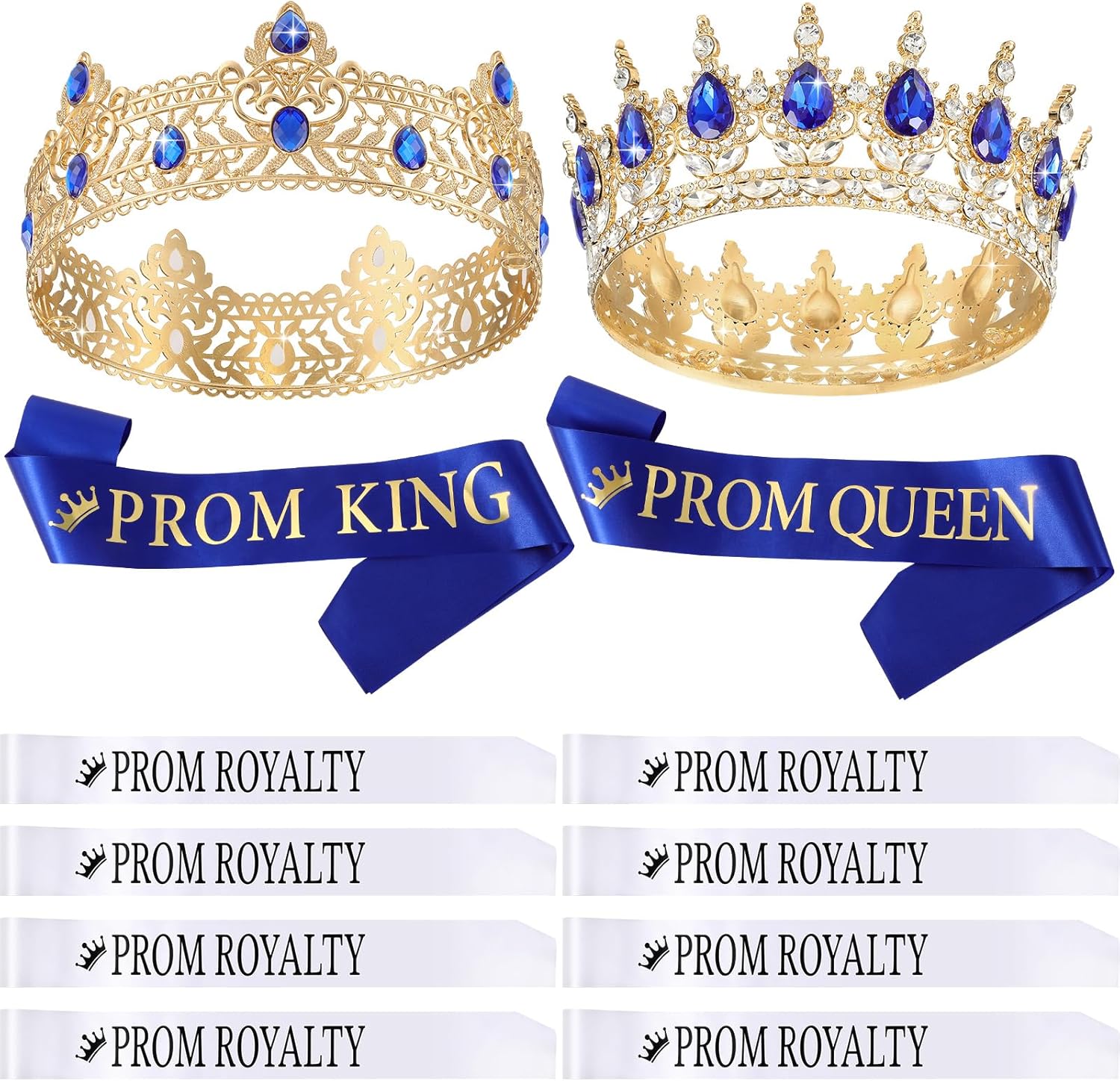 Saintrygo 12 Pcs Prom Crown and Sash Set, Prom King and Queen Tiara Rhinestone Crown Glitter Court Royal Satin Sash for 2025 Graduation Ball Dance Night Party Birthday Accessory(Blue,Elegant)