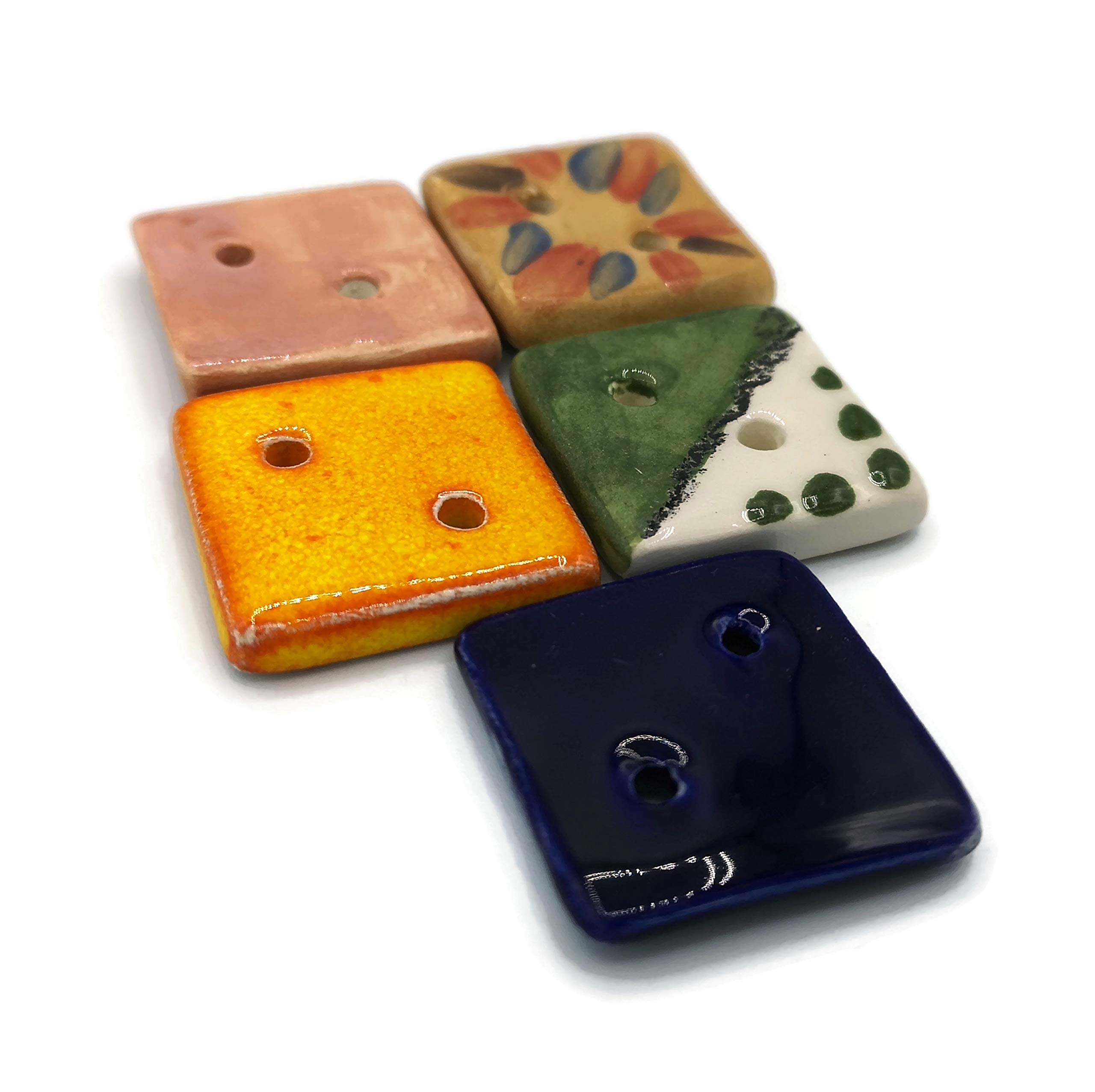 Set of 5 Large Colorful Square Ceramic Button for Sewing or Crafting Handmade