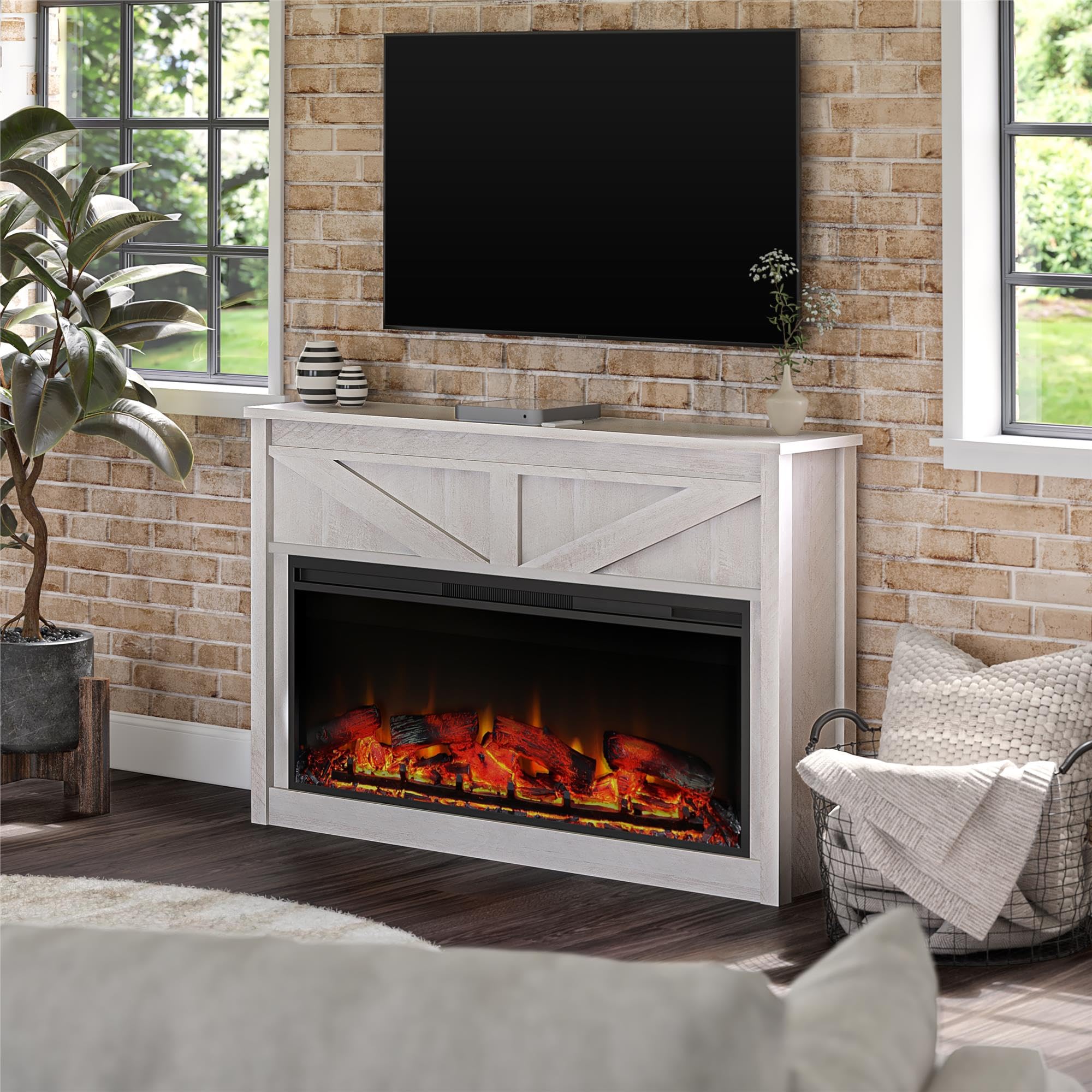 Ameriwood Home Farmington 49 Inch Electric Fireplace with Mantel, Replaceable Fireplace Insert Heater. Remote Control, Timer, Realistic Log and Flame Effect, Ivory Oak