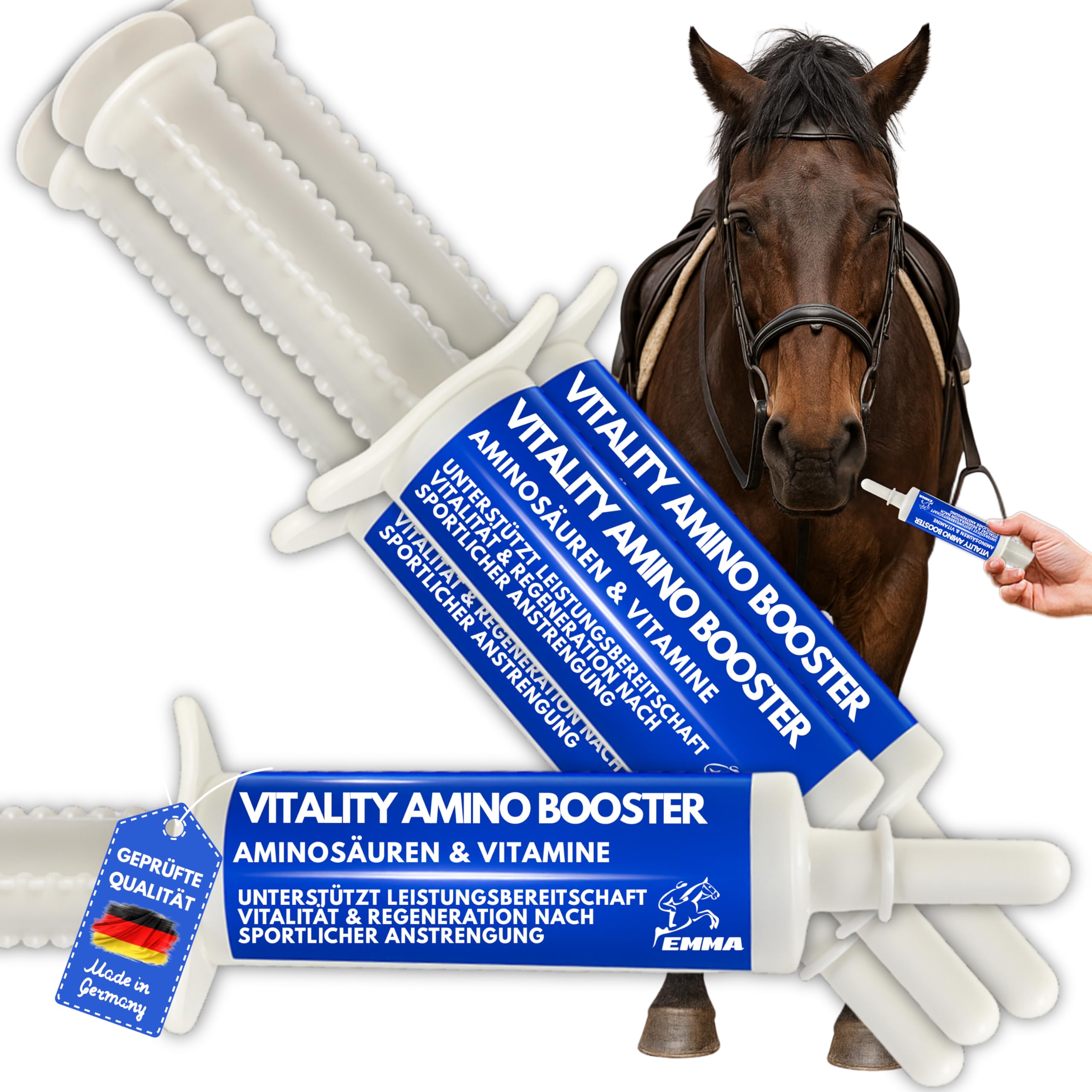 Amino Pâte pour cheval 4 × 30 ml – Acides aminés pour chevaux avec L-carnitine & vitamine E – Renforcement et régénération musculaire – Pâte vitaminée Muscle Booster Alternative à la poudre de