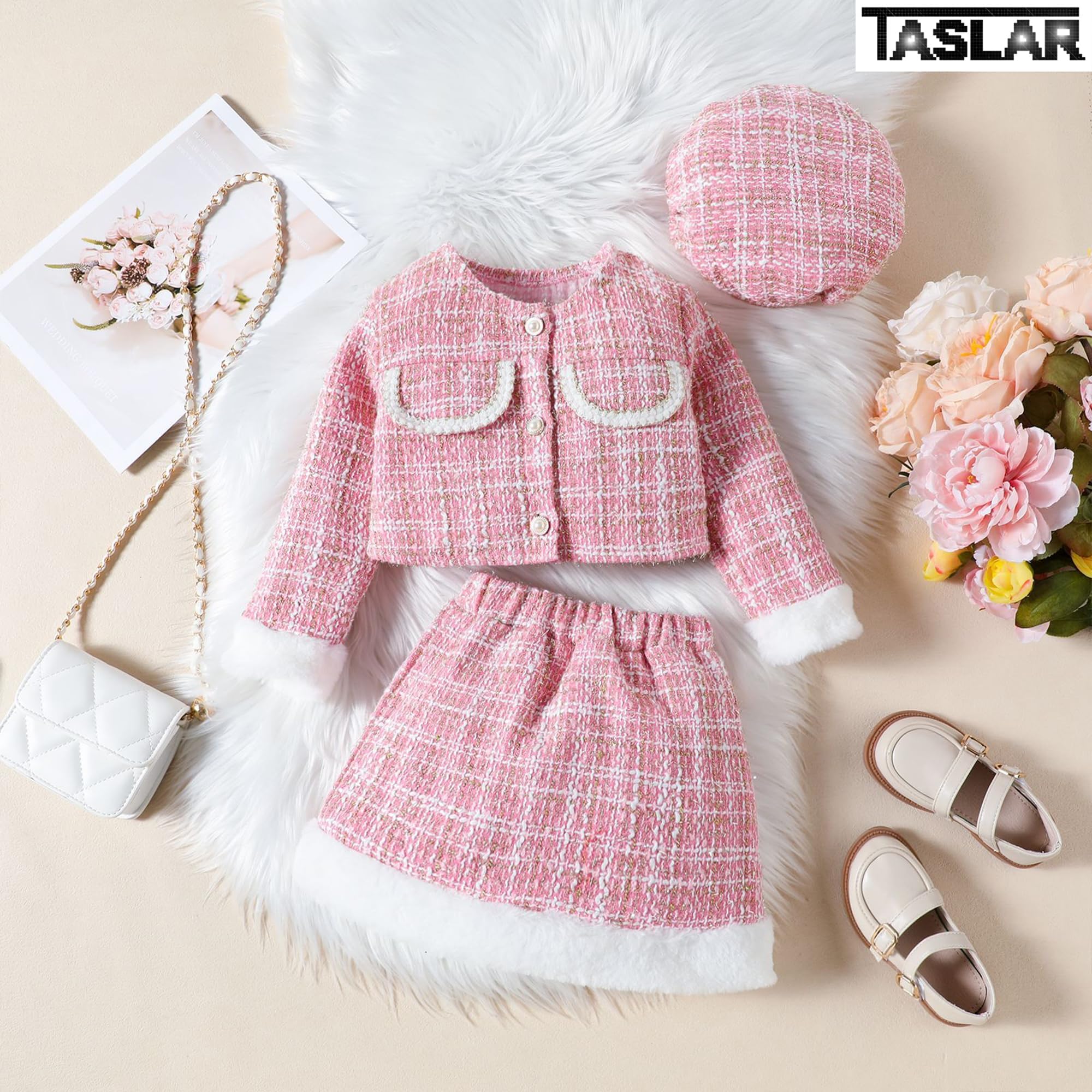 TASLAR Kids Striped Toddler Jacket Baby Girls Suit Furry Patchwork Coat + Skirt + Beret 3Pcs Long Sleeve Shirt Tops Skirts Hat Sets Kids Casual Fashionable Party Dress