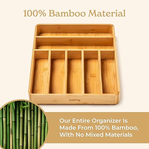 Miniatura 3 de SMIRLY Organizador de cubiertos de bambú para cajón, organizador de cajones de cocina, organizador de utensilios de cocina para cajones de cocina,