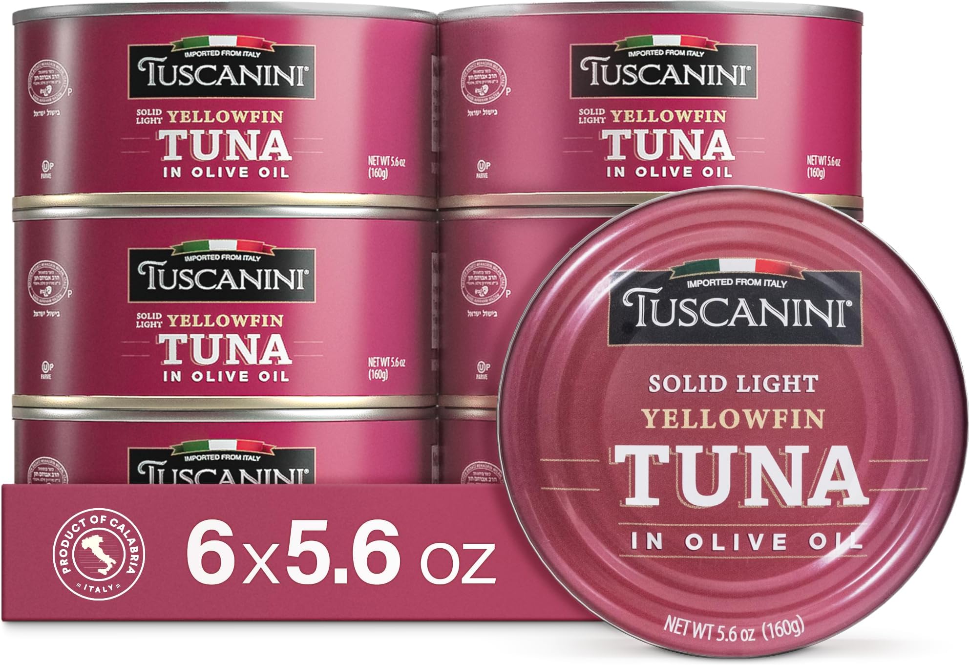 Italian Solid Light Yellowfin Tuna in Olive Oil 5.6oz (6 Pack) | Gluten Free, Soy Free, Mineral Enriched, Kosher for Passover, Product of Italy