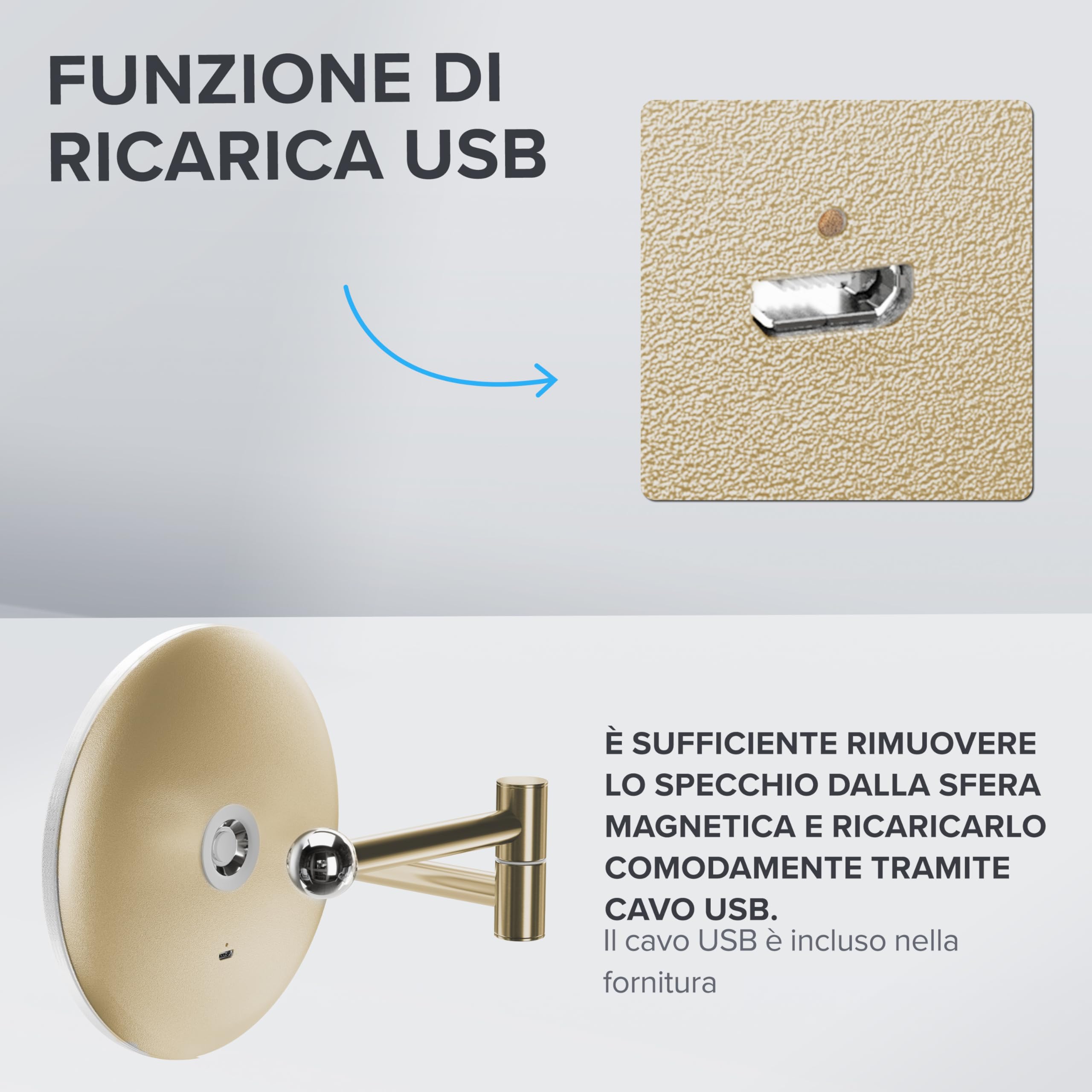 ovimar Blavand Gold - Specchio cosmetico con illuminazione, ricaricabile, montaggio a parete da forare, in bagno, ingrandimento 5x, specchio da trucco con luce, specchio a 360 gradi