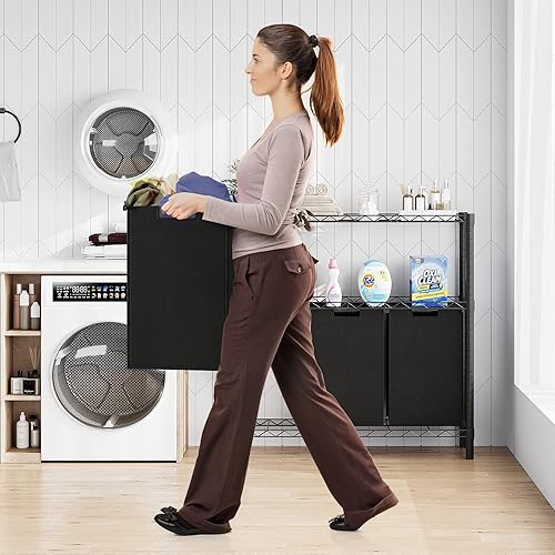 Miniatura 8 de GAOMON Cesta de lavandería, organizador multifuncional para lavandería, clasificador de lavandería con bolsas extraíbles y asas reforzadas, estante