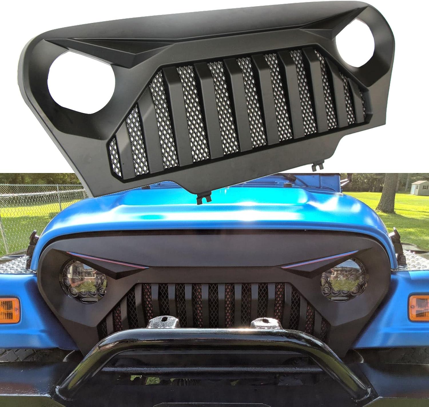 TJ Wrangler Front Grille Grill for 1997-2006 Wrangler TJ LJ Vader Mesh Inserts Grille (Angry Bird Black)