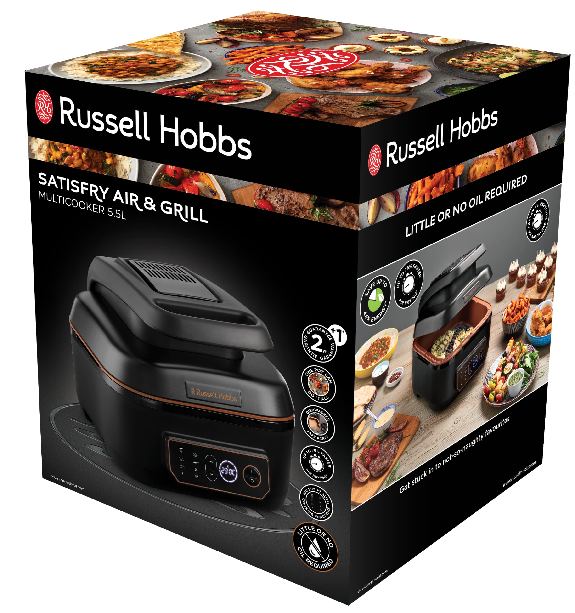 Russell Hobbs Friggitrice ad aria + Multicooker, XXL 5.5 L, 8 funzioni cottura, Energy saving, doppie resistenze come un forno, no olio, 1600 W, lavastoviglie ok, max 260°C, Satisfry & Grill 26520-56