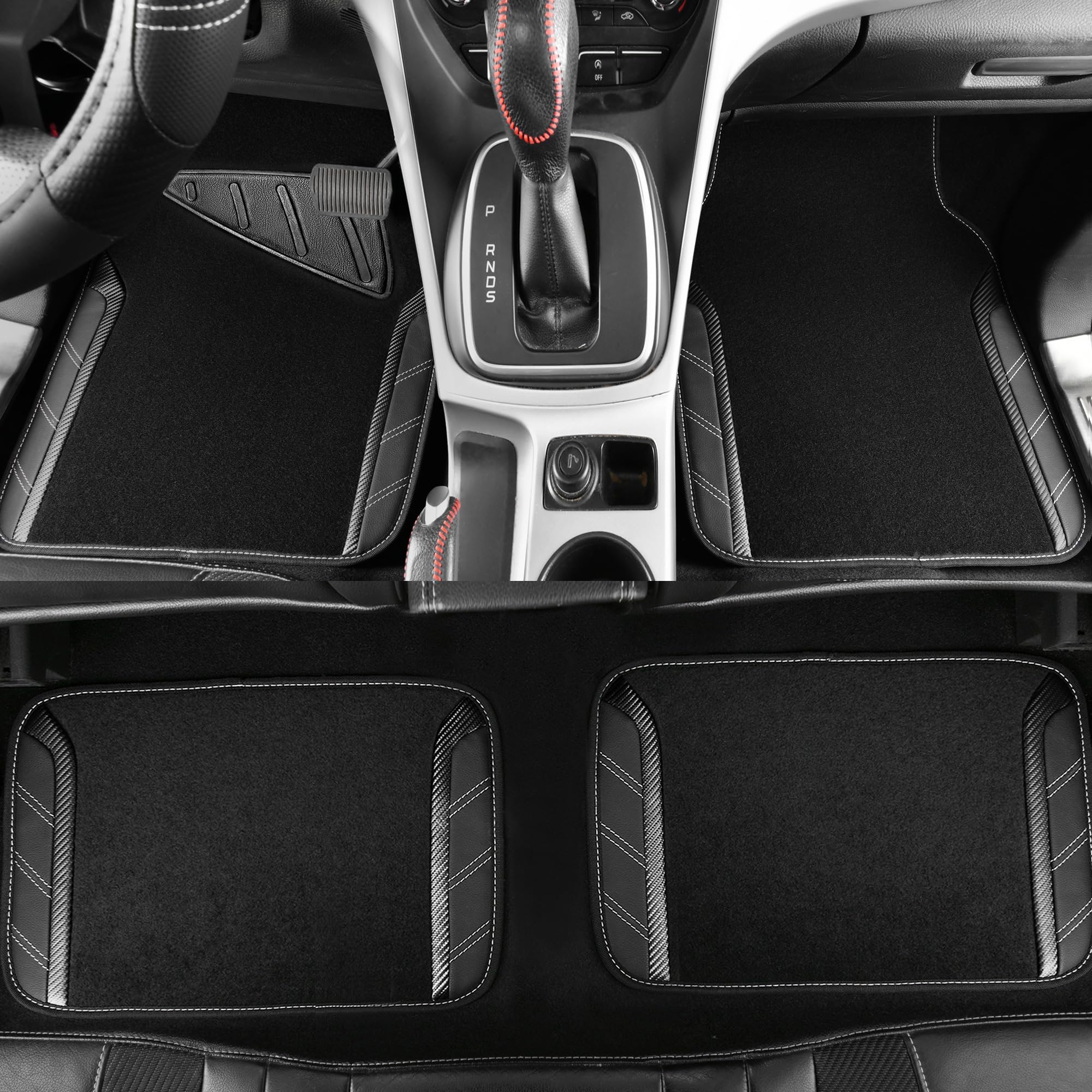 CAR PASS Lederen Stuurhoes en Waterdichte Autovloermat, Microfiber Universele Autocombo Geschikt voor 95% Sedan, SUV, Auto's, 37-38 cm Sportief Anti-Slip Veilig Comfortabel Ontwerp (Zwart & Blauw