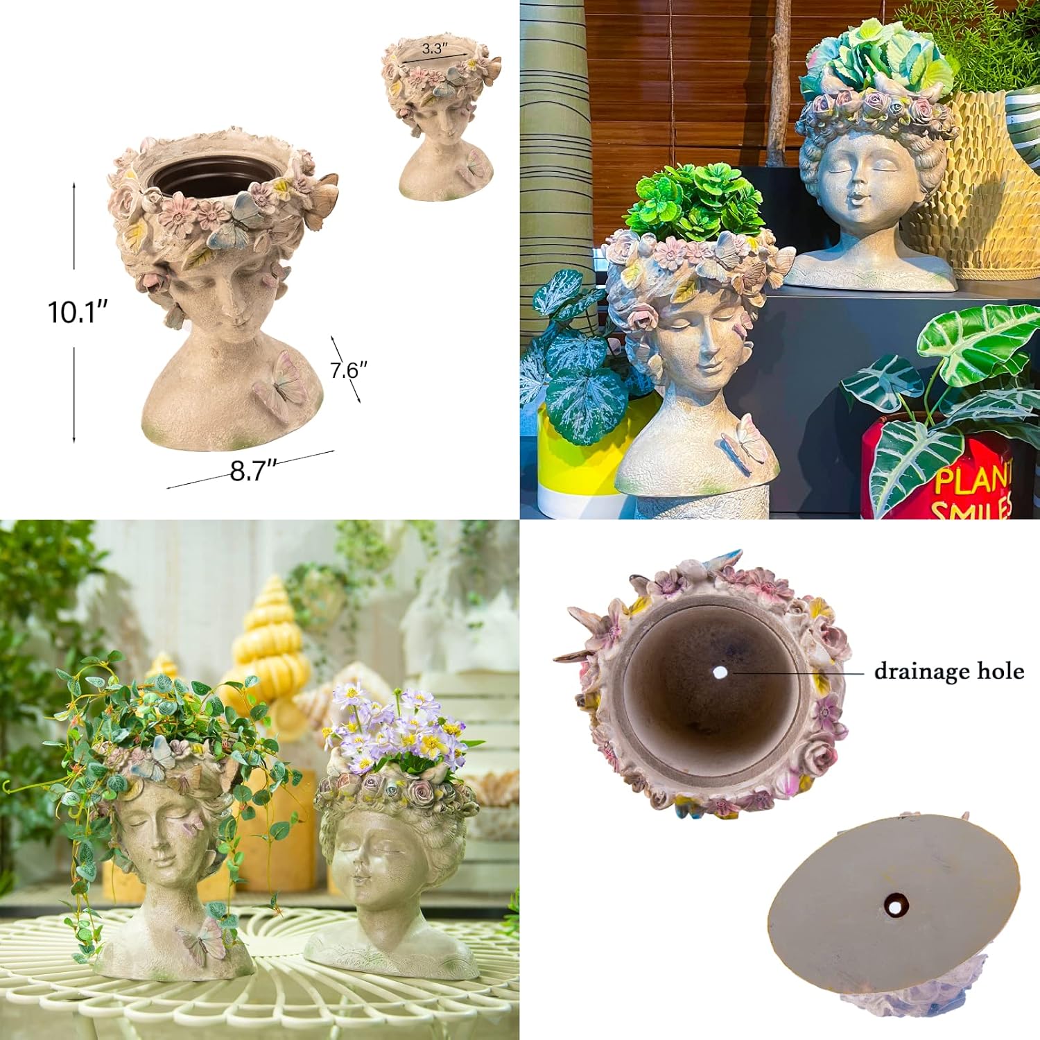 Face Flower Pot Head-Planters Succulent - 10 Inch Garden Resin Face Planter with Drainage Hole for Indoor and Outdoor Plant 7.75 * 6.75 * 10 Inch