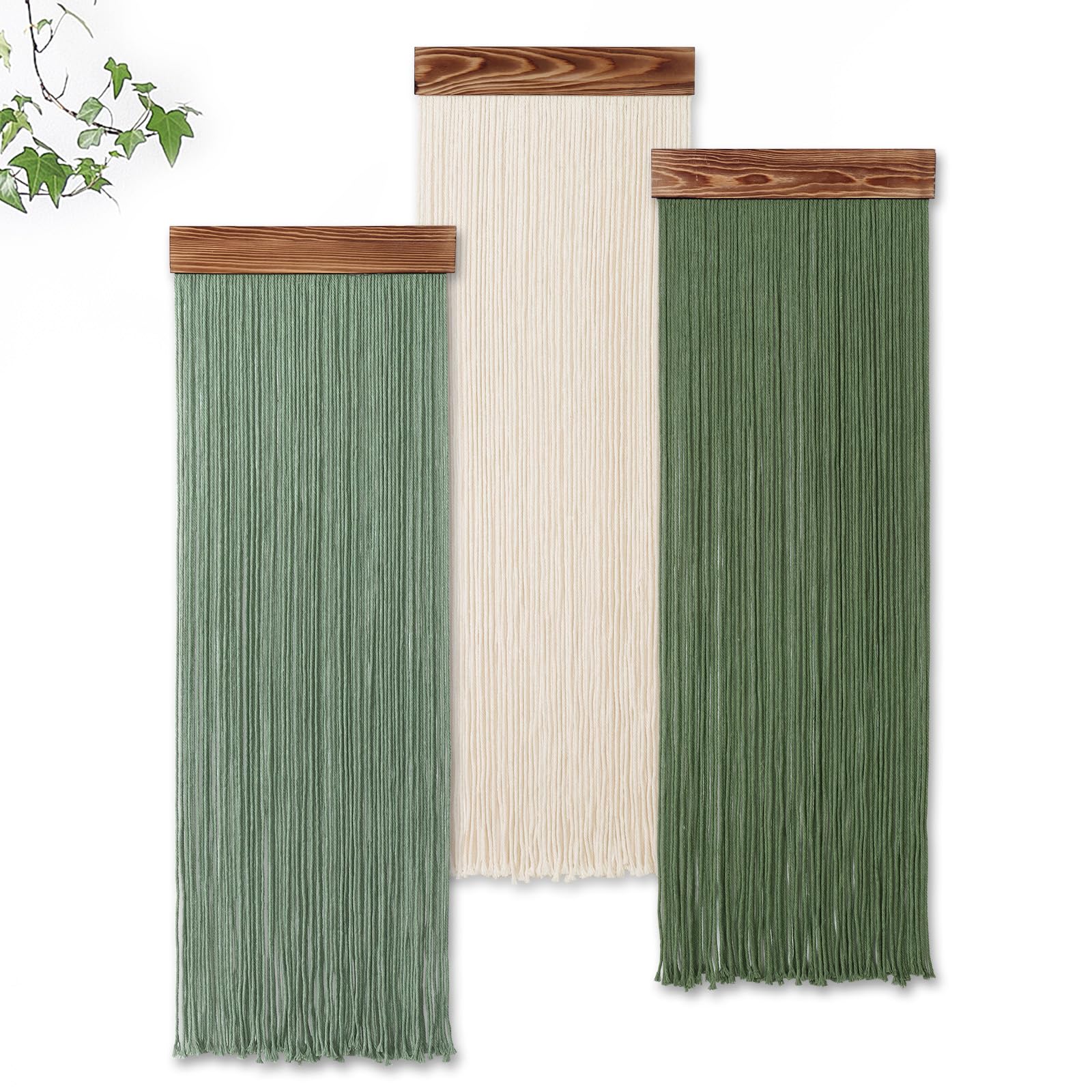 Weldomcor 3PCS Macrame Wall Hanging Boho Chic Home Decor, Handmade Tassel Yarn Tapestry Modern Wall Art Decorations for Living Room Bedroom Office Nursery Backdrop (Green White)