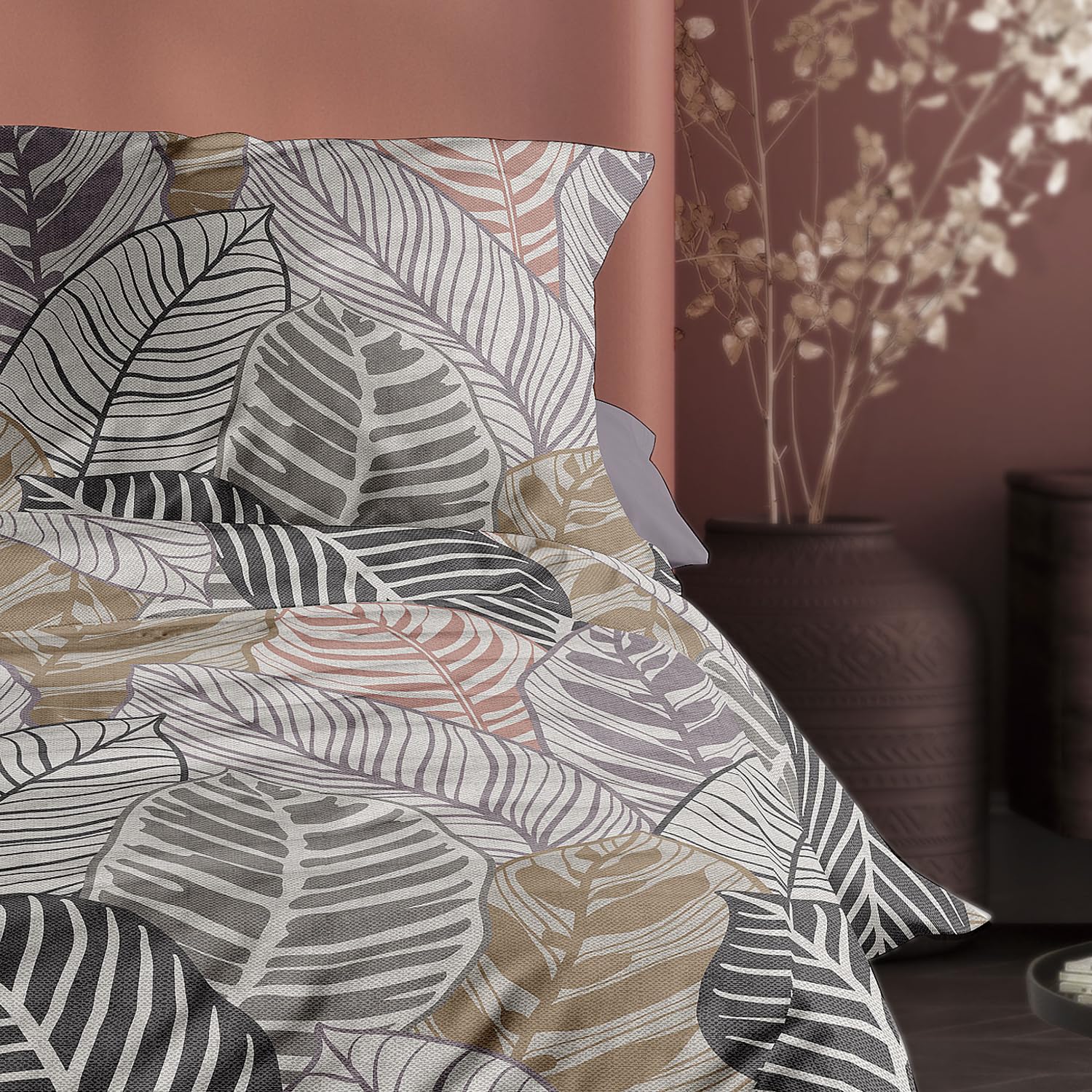 Irisette Pościel flanelowa Koala 8628-90 liści, kolor naturalny, szary, 135 x 200 cm + 80 x 80 cm, 100% bawełna, ciepła, przyjazna dla skóry, łatwa w pielęgnacji, zamek błyskawiczny, przytulna pościel