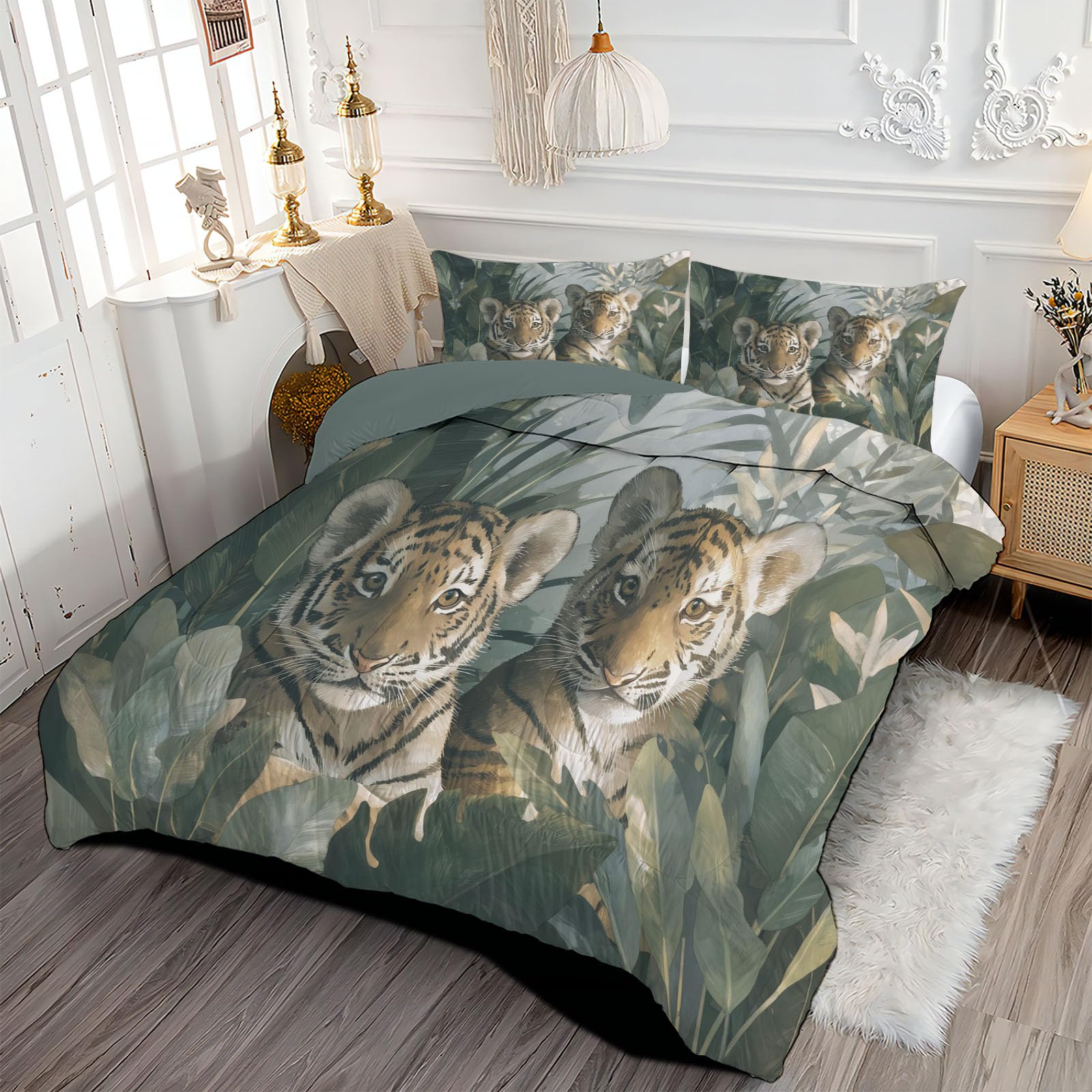 Trapunta Letto Singolo 4 Stagioni Piumone per Bambini, Semplicità Tigre Leggero Astratto Foglia Di Banana Set di Biancheria da Letto 140x200cm con 1 Federe,Piumino Lavabile In Lavatrice