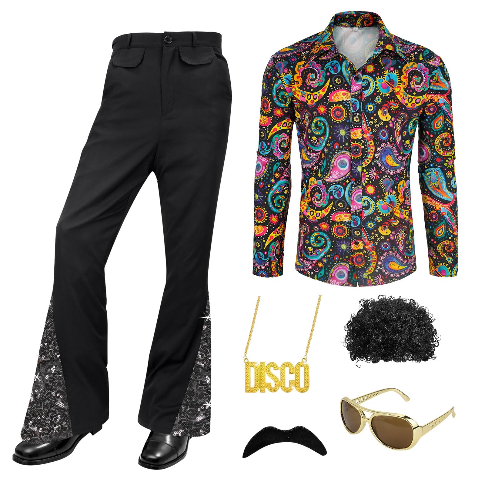 Malloom 70s Outfits for Men 6 Pcs Disco Outfit Retro Costume with Bell Bottom Pants for Disco Party (Floral) (M)