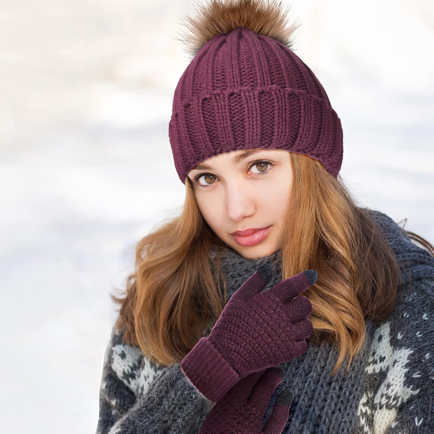 4 Pcs Winter Beanie Hat Gloves Set Pom Knit Unisex Warm Fleece Lined Hat Touchscreen Gloves for Women Men Couples Friends - Image 5