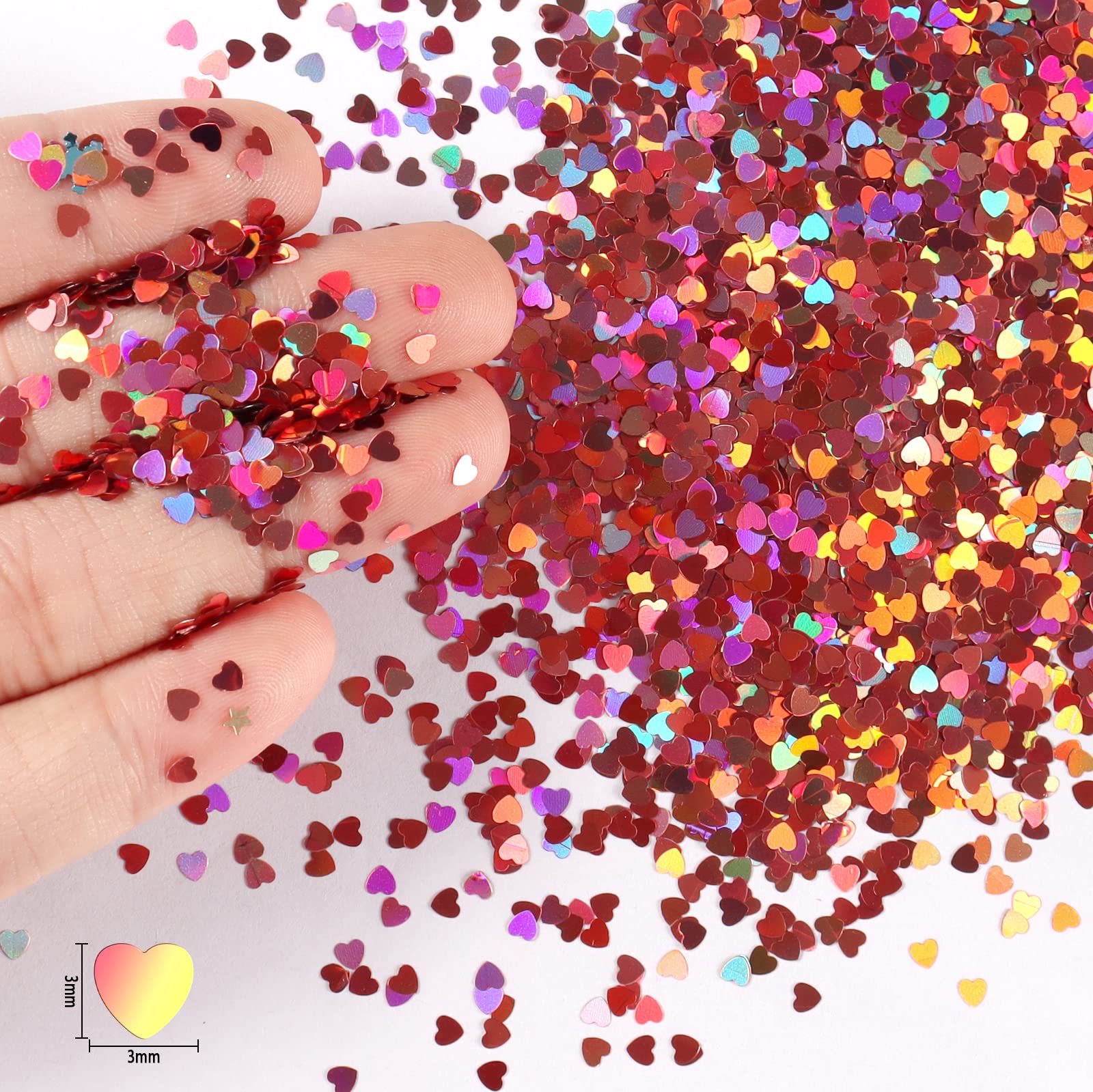 Renfio 1.75 Oz 50g Holographic Loving Heart Shape Shiny Glitter Love Confetti Sequin Glitters Resin Sparkle Chunky Sequins for DIY Mold Art Nail Artwork Holiday Decoration - Laser Pink