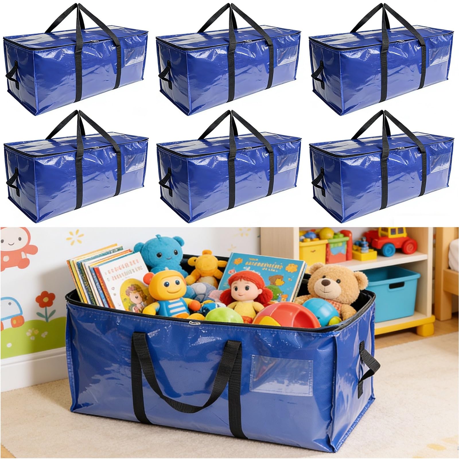 Gr8 Home Blue Set Of 6 Heavy Duty Plastic Moving Boxes Storage Bags Packing Bins Clothes Toys Books Carry Case Travel Luggage Duffel Holdall Organiser With Zip Closure Handles