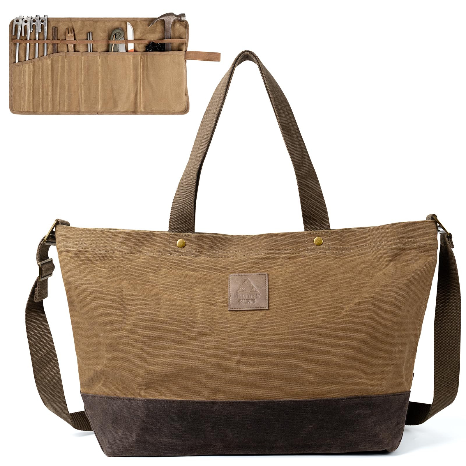 OneTigris Grande borsa tote in tela cerata con borsa arrotolabile per attrezzi rimovibile, grande capacità da 36 l, borsa in tela resistente e borsa tattica per campeggio, giardinaggio, shopping,