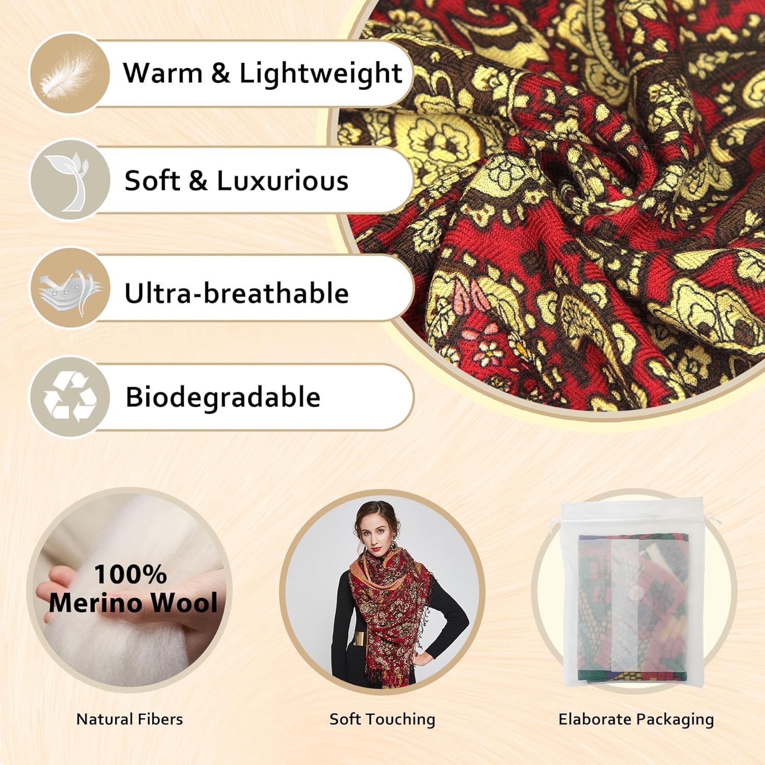 DANA XU 100% Merino Wool Pashmina Shawl for Women 96"x43", Oversized Cashmere Wrap with Tassels, Floral Travel Blanket Cape - Image 3