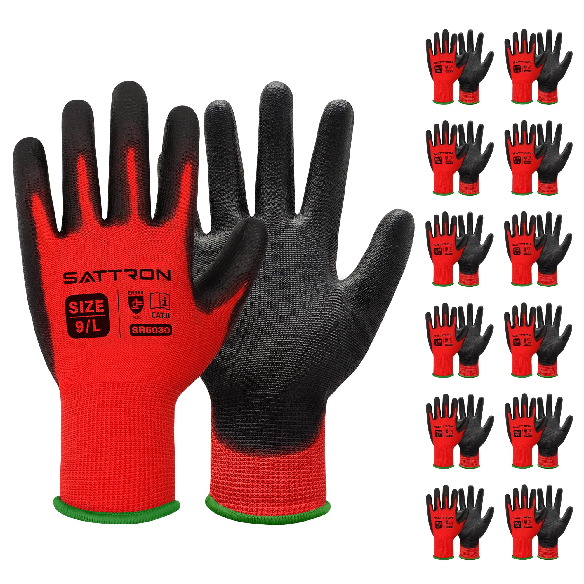 SATTRON Safety Work Gloves PU Coated, 12 Pairs Seamless Knit Gloves with Polyurethane Coating Working Gloves Excellent Grip for Men & Women,