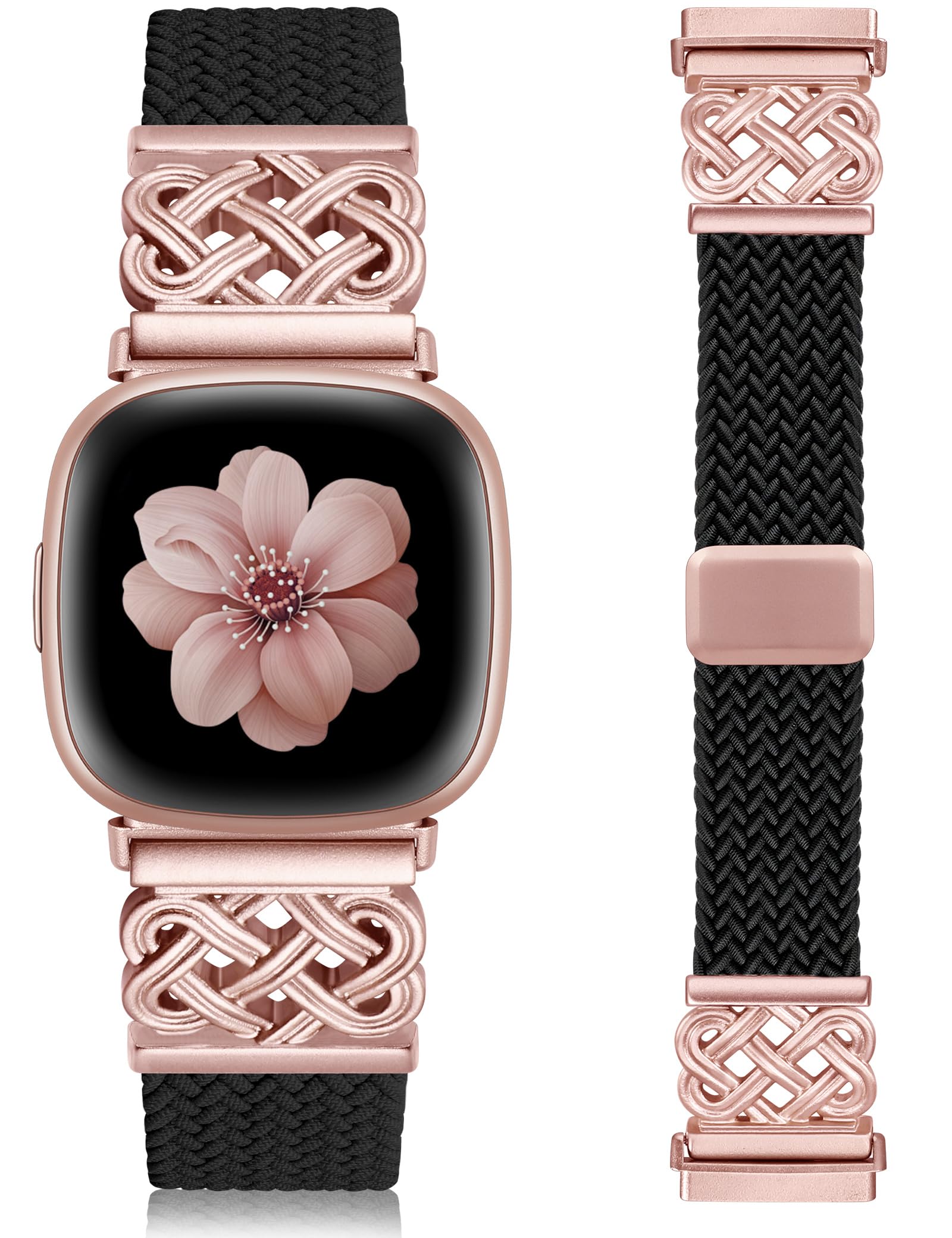 TOYOUTHS Braided Magnetic Strap Compatible with Ftibit Versa 4/Versa 3/Sense 2/Sense Women Men, Celtic Knot Stretchy Elastic Nylon Woven Sport Loop Band for Versa 4, Black/Rose Pink