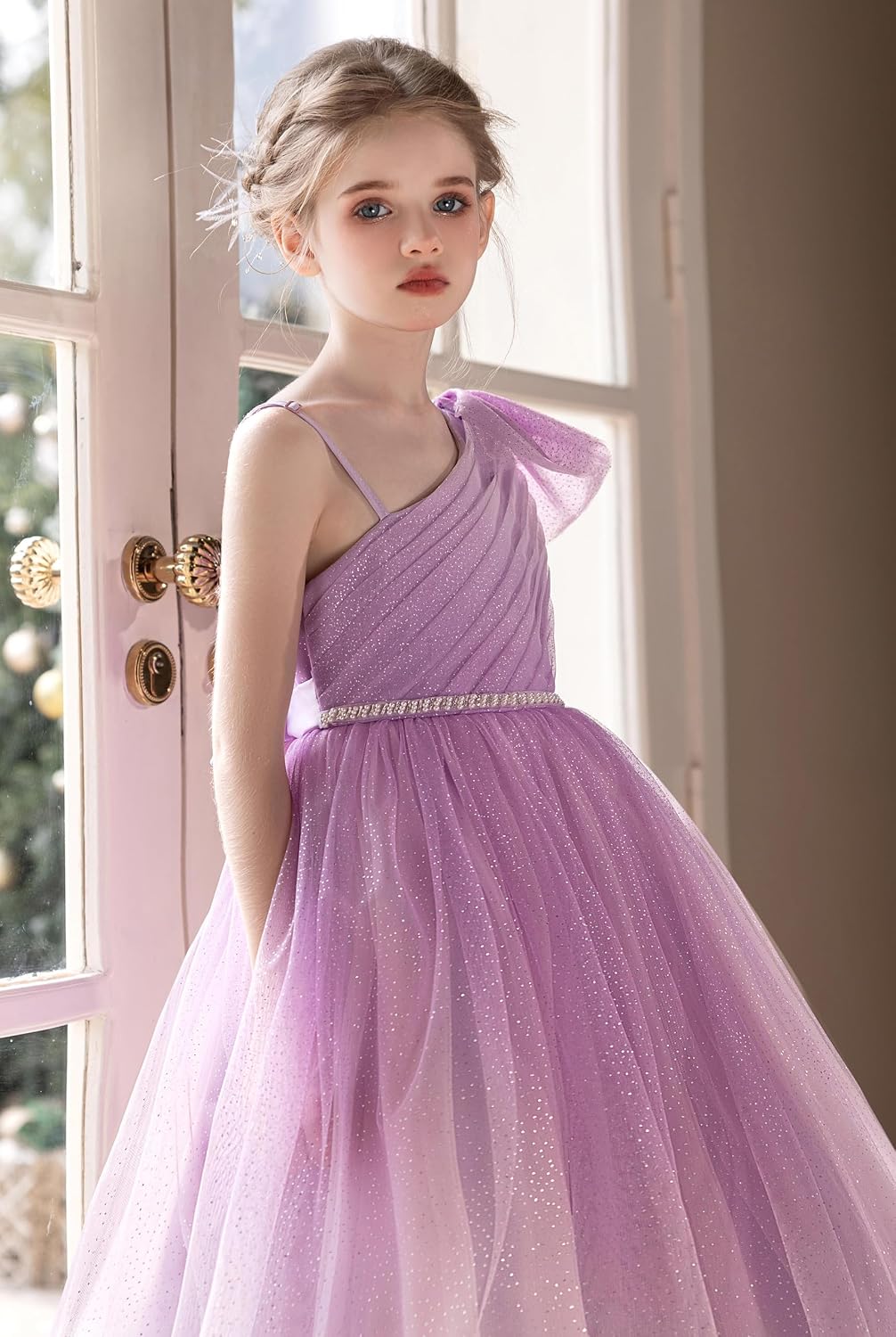 Tulle Flower Girls Dress One Shoulder Formal Princess Wedding Pageant Birthday Party Holiday Ball Gown Dresses