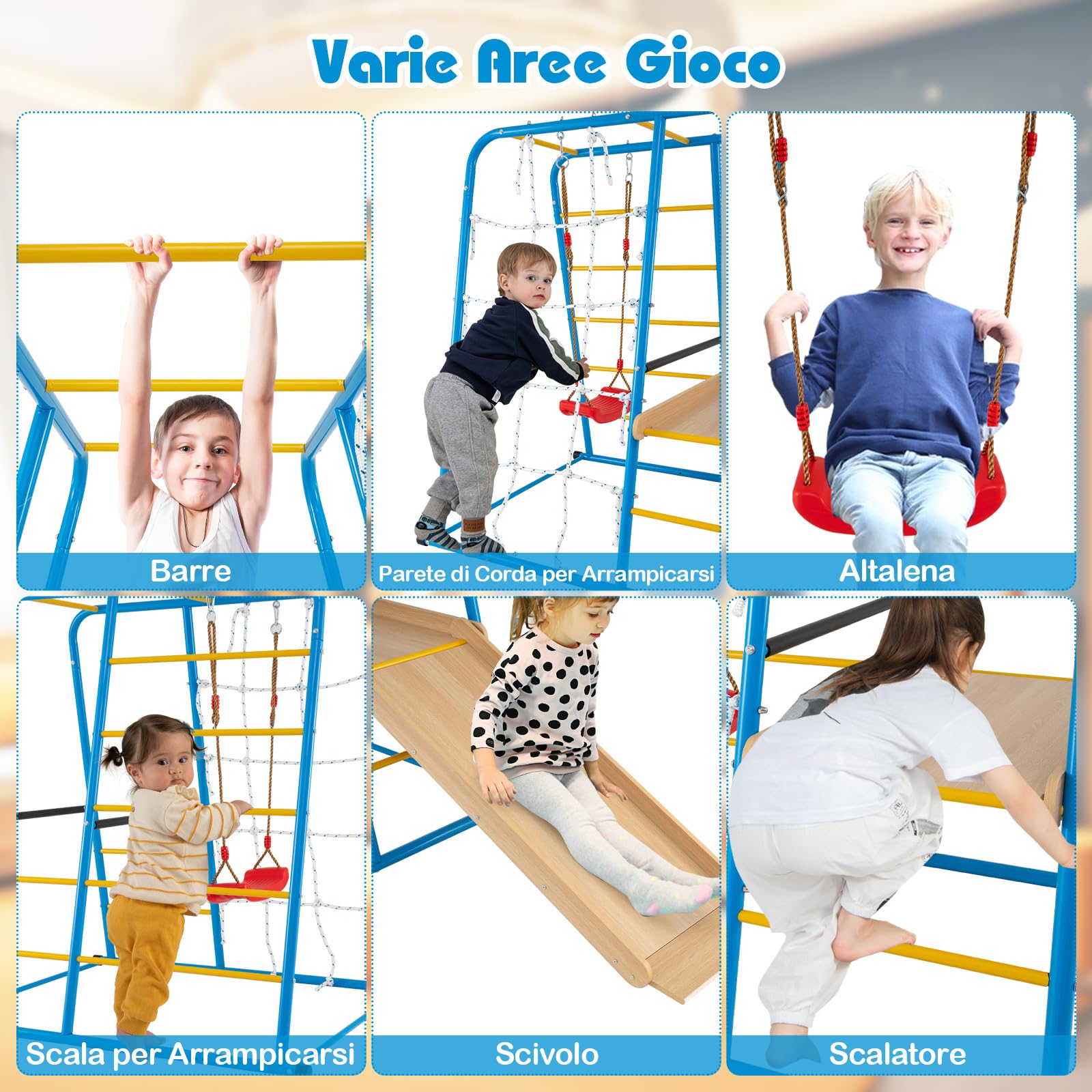 COSTWAY 6 in 1 Set da Arrampicata per Bambini con Scivolo e Altalena