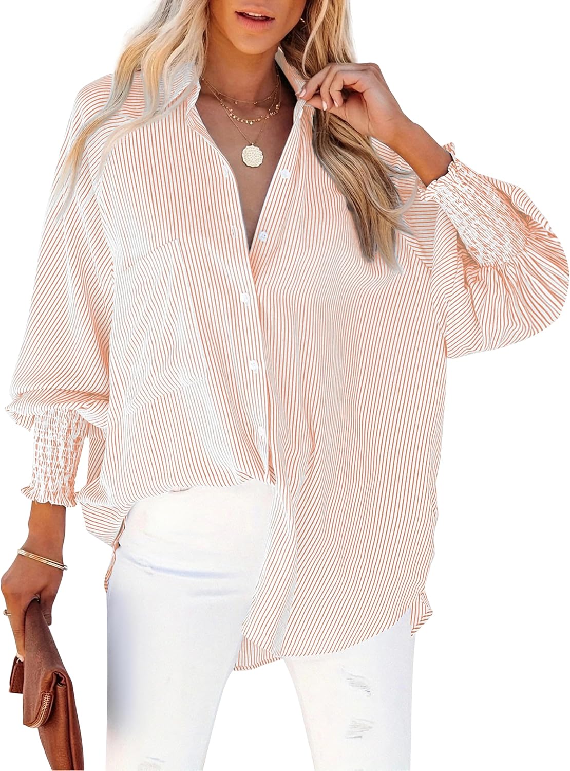 Women's Wrinkle-Resistant Smocked Cuffed Striped Button Shirt with Pocket Oversized Casual Boyfriend Blouse