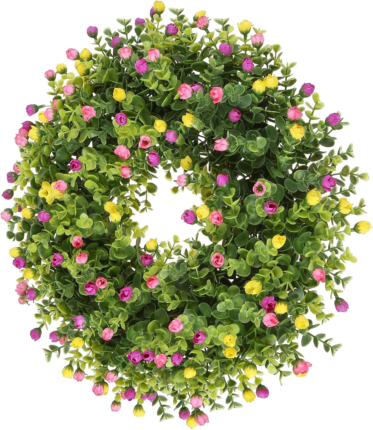 Spring Summer Wreaths for Front Door, Boxwood with Pink Rose Buds, Removable Blessing Sign, (Pink, 19)