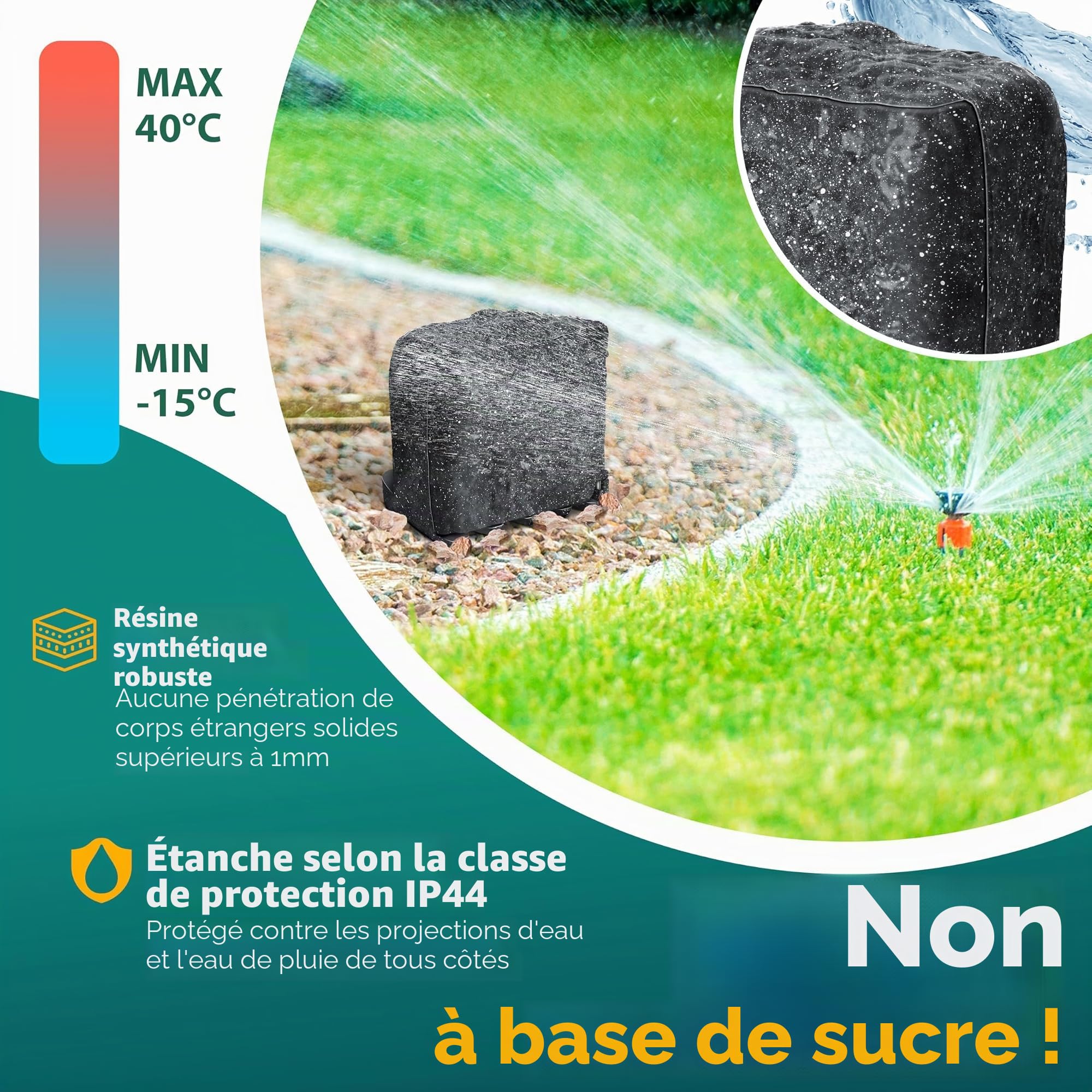 KESSER® Prise de jardin aspect pierre 4 prises - Prise extérieure étanche IP44 - Prise multiple pour extérieur jardin terrasse avec capteur crépusculaire - Câble de 3 m - 3680 W - 16 A + kit de