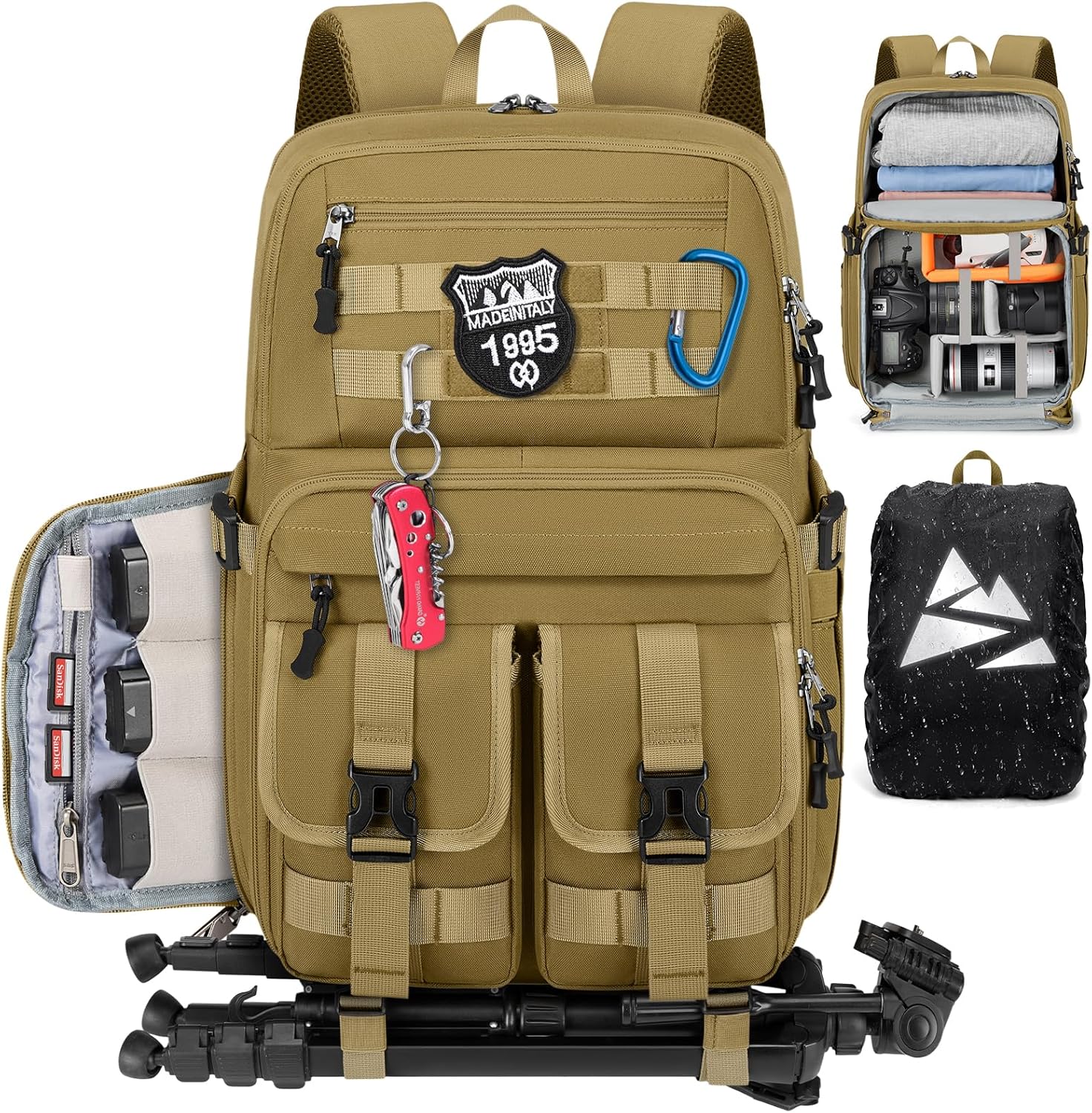 RAINSMORE Camera Bag Backpack for DSLR/SLR/Mirrorless Camera Bags for Photographers 15.6 Inch Waterproof Tactical Photography Backpack Case with Rain Cover & Tripod Holder, Khaki