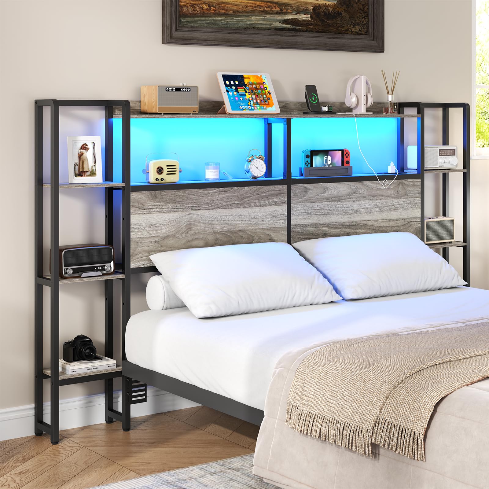 Loomie Headboard for Queen Size Bed with Storage, Headboards with Charging Station & LED Lights, Head Board with Side 3-Tier Storage Shelves & Bed