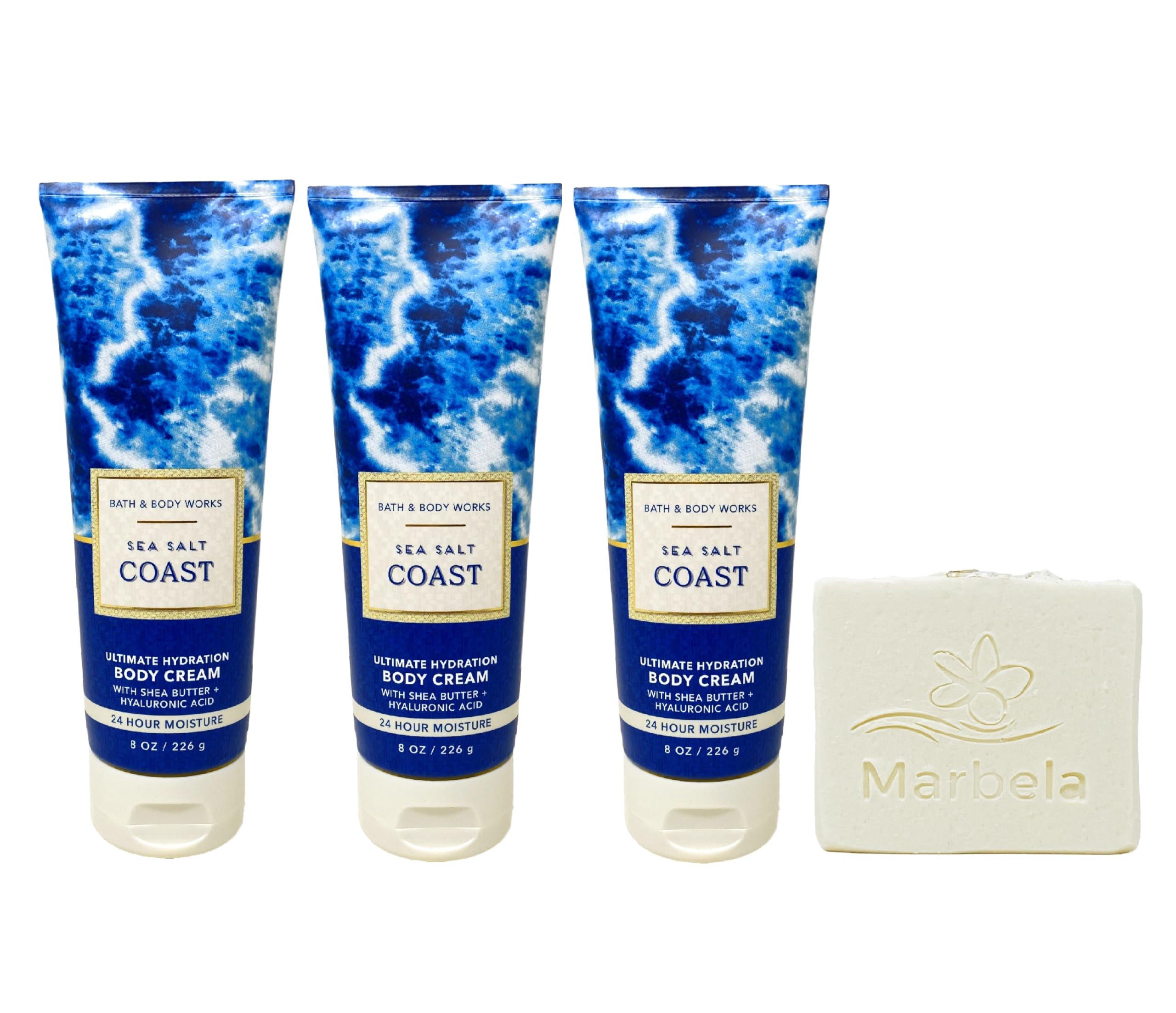 Bath & Body Works Sea Salt Coast 3 Pack Body Cream Value Pack with a Natural Oats Bar Soap - Full Size