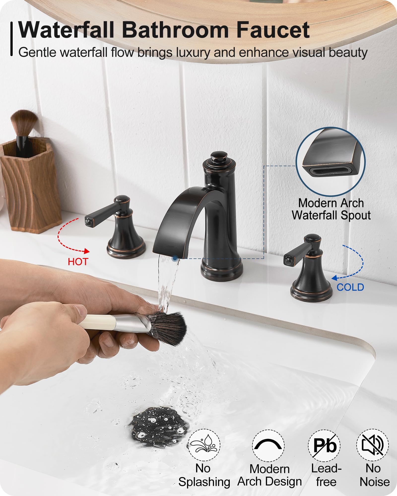 Waterfall Bathroom Faucet 3 Hole 4-16 Inch Oil Rubbed Bronze Bathroom Faucet Brass Bathroom Sink Faucet 2 Handle — view 2