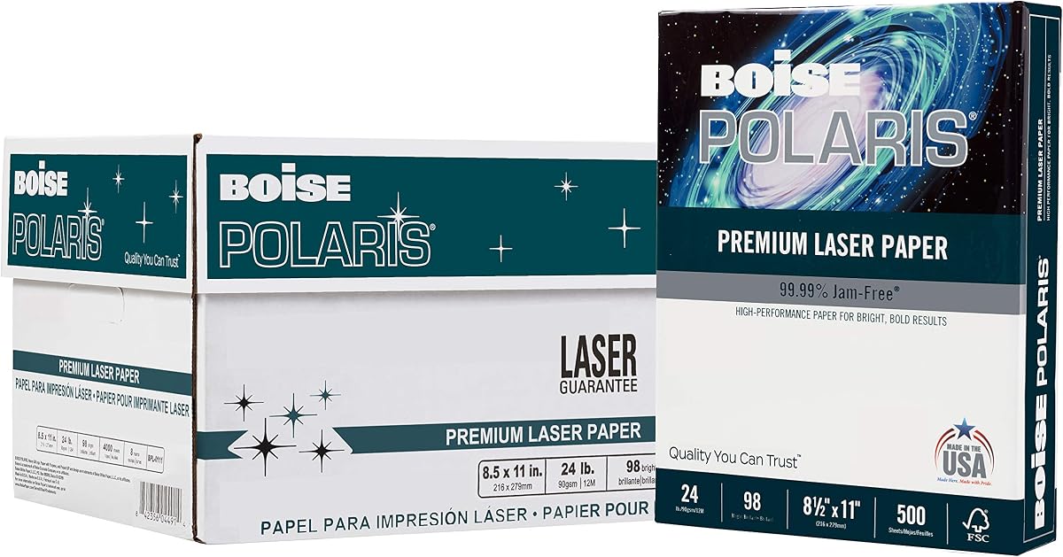BOISE POLARIS Premium Laser Paper, 8.5" x 11" Letter, 98 Bright White, 24 lb., 8 Ream Carton (4,000 Sheets)