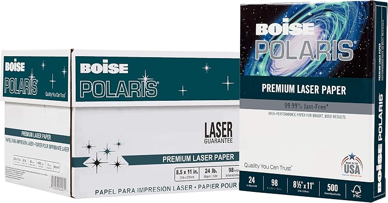 BOISE POLARIS Premium Laser Paper, 8.5" x 11" Letter, 98 Bright White, 24 lb., 8 Ream Carton (4,000 Sheets)