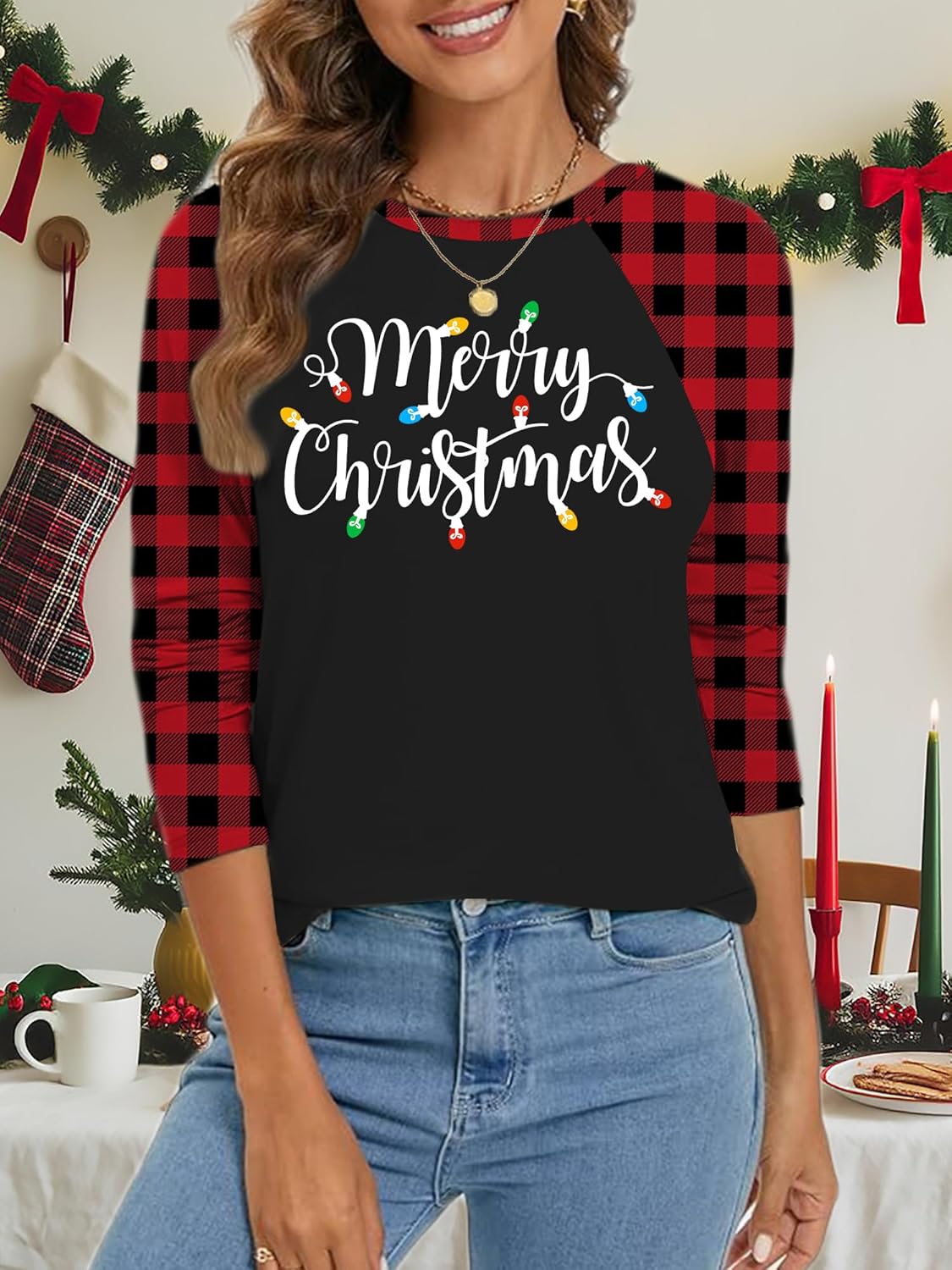 Merry Christmas Shirts for Women Christmas Tree T-Shirt Xmas Light Tee Shirt Buffalo Plaid Long Sleeve Tops - Image 3