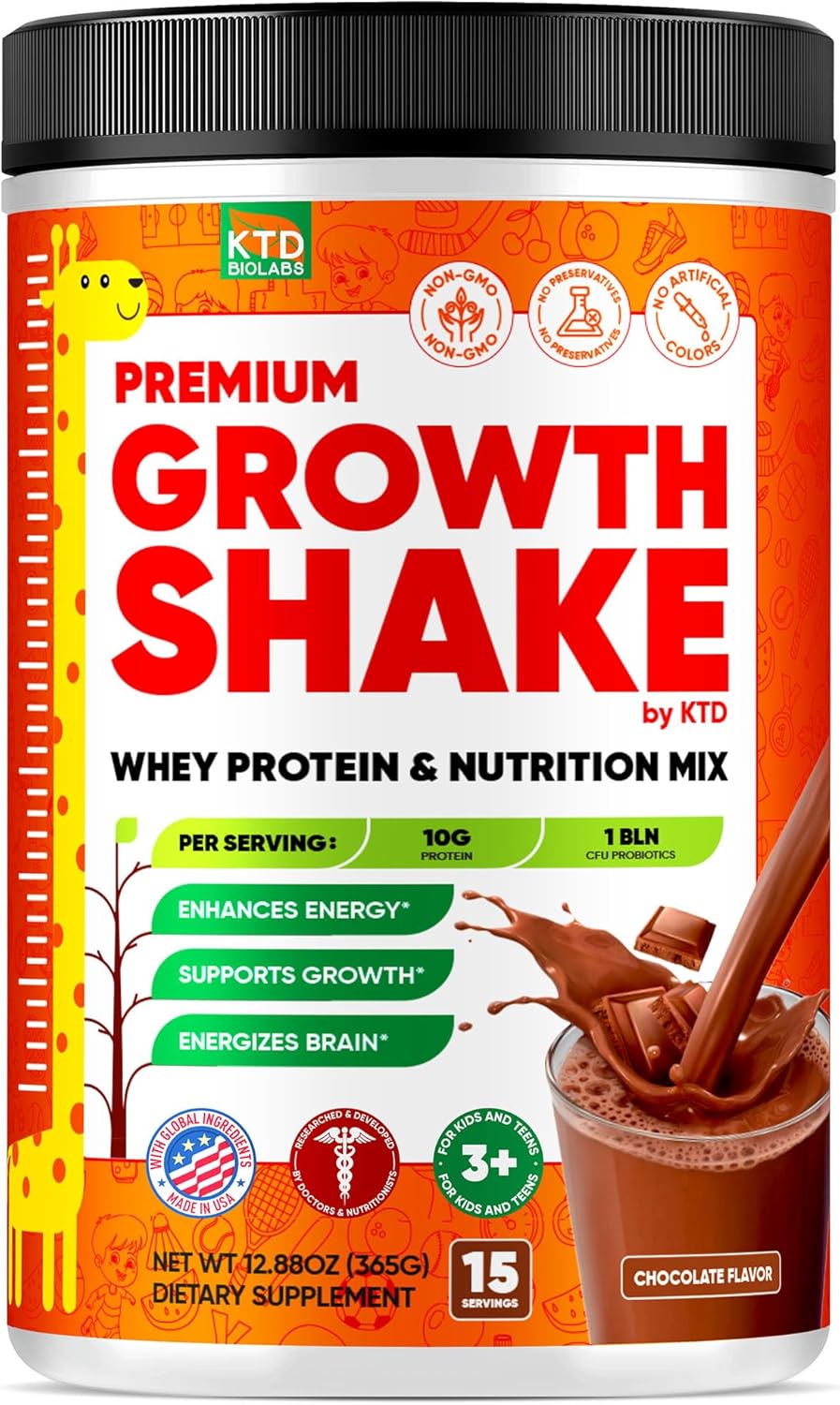 Kids Protein Shake Powder - Chocolate Nutritional Drink Mix for Picky Eaters & Teens - Nutrition Supplement with Vitamins, Minerals & Probiotics - Growth Support Formula - 15 Servings