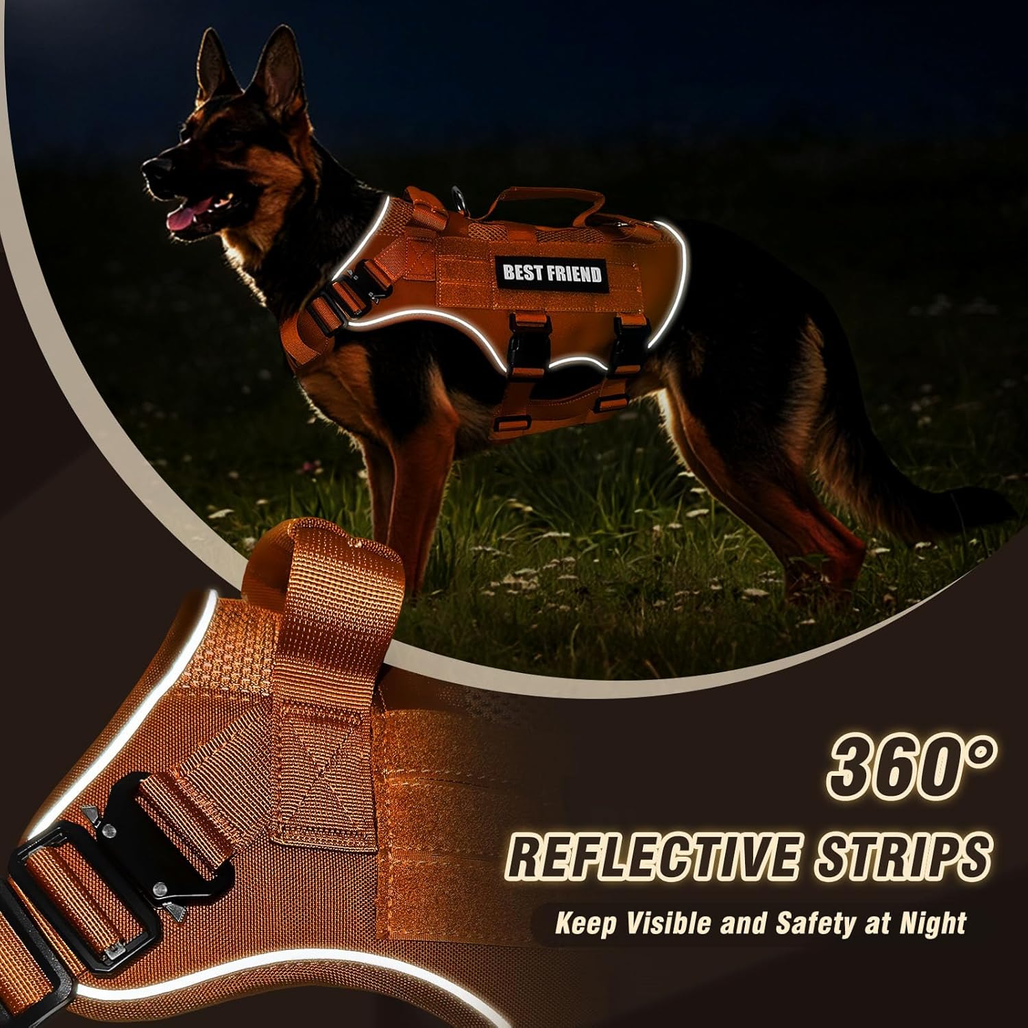 No Pull Tactical Dog Harness for Large Dogs with Metal Buckles,Breathable Air Mesh Service Dog Vest,Military Molle Harness with 3 Durable Handles for Training Hiking Hunting Working Orange L