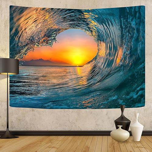 Emwnodti Tapiz decorativo de olas oceánicas, puesta de sol, amanecer, mar, playa, olas azules, tapices de surf, moderno, 3D, paisaje, paisaje,