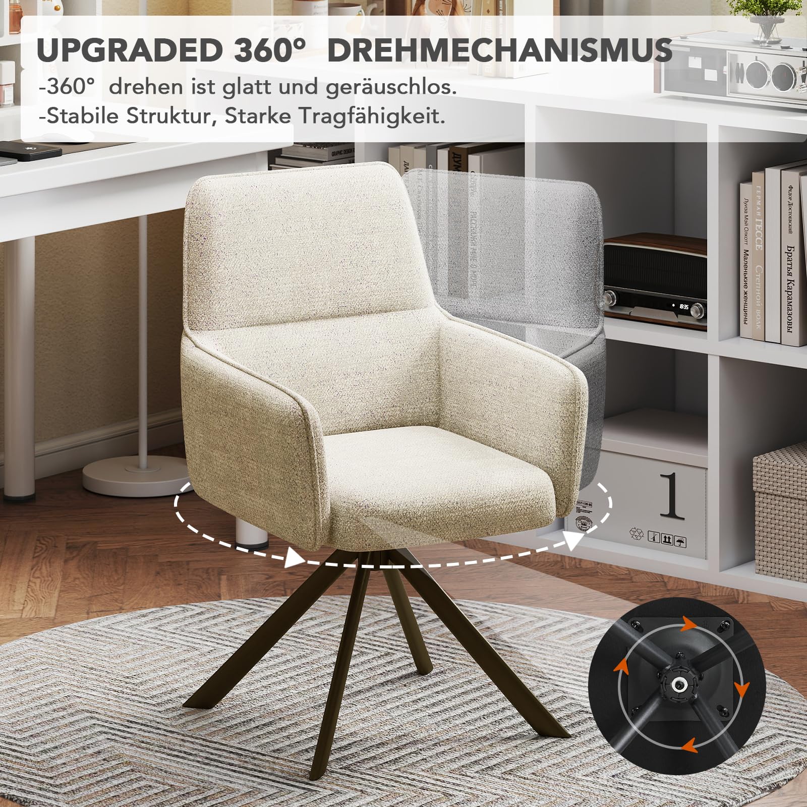Esszimmerstühle Drehbar mit Armlehne 2er Set, 360°Drehbar Polsterstuhl Küchenstuhl aus Chenille, Stühle Esszimmer Schminkstuhl mit Metallbeine für Esszimmer Küche Schlafzimmer, Beige