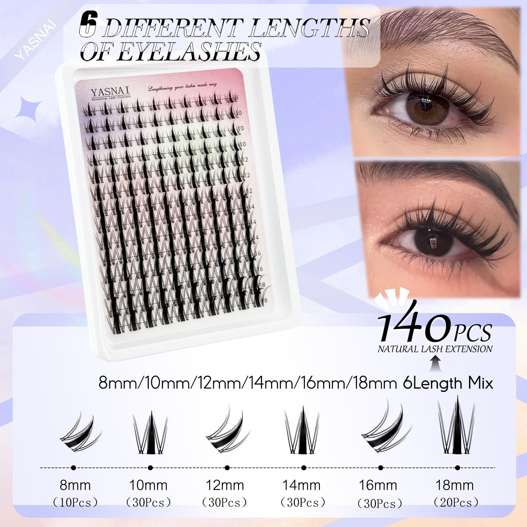 Fairy Lash Clusters Manga Lash Extensions, YASNAI Cluster Eyelash Extensions C Curl Individual Lashes 8-18MM 140pcs, Wet-Look Spiky Anime Lashes Eye Lash Clusters Ultra-Thin Clear Lash Band