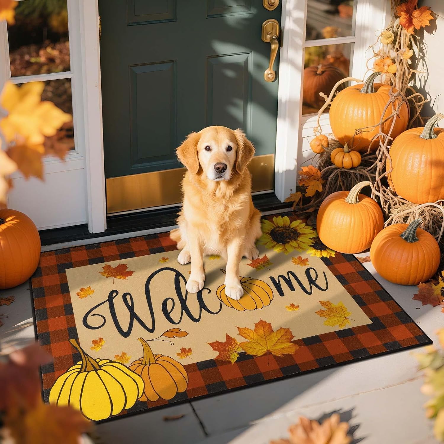 HEBE Fall Front Door Mat 32"x48", Non Slip Pumpkin Welcome Doormat