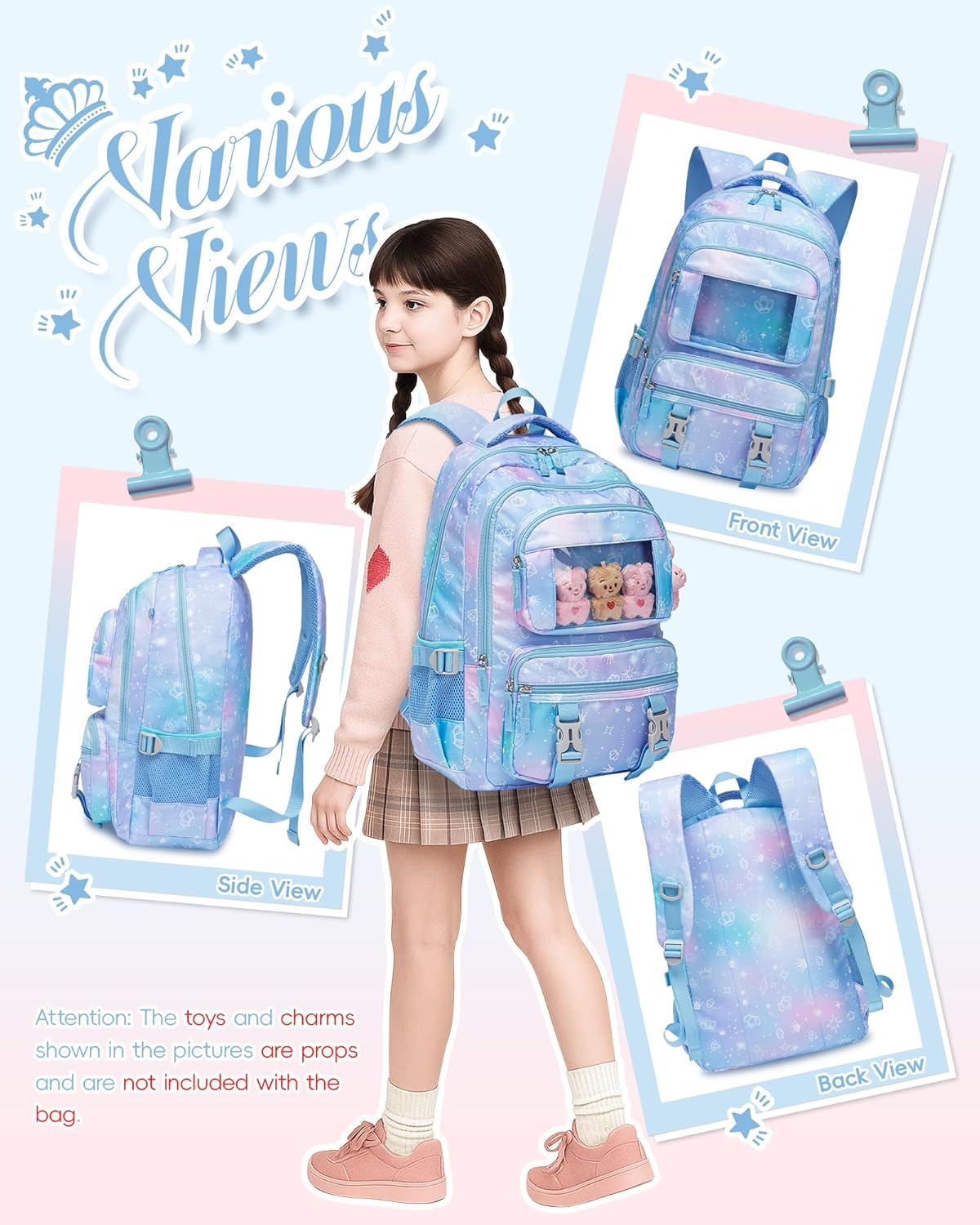 Kids School Backpack for Girls Ages 6-8 8-10 10-12 12-14 Elementary Middle School Book Bags with Laptop Compartment for Teens Teenagers Girls Mochilas Escolares para Niñas (Blue/Pink, Crown)